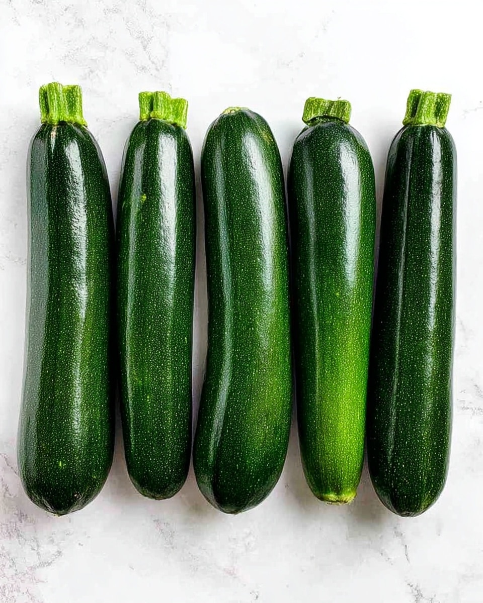 Five whole zucchinis are lined up side by side on a white marbled surface. Each zucchini is dark green with a shiny, smooth texture and a small green stem on top. They are evenly spaced and positioned upright, showing their full length. The background is clean and bright, highlighting the fresh and firm appearance of the zucchinis. photo taken with an iphone --ar 4:5 --v 7