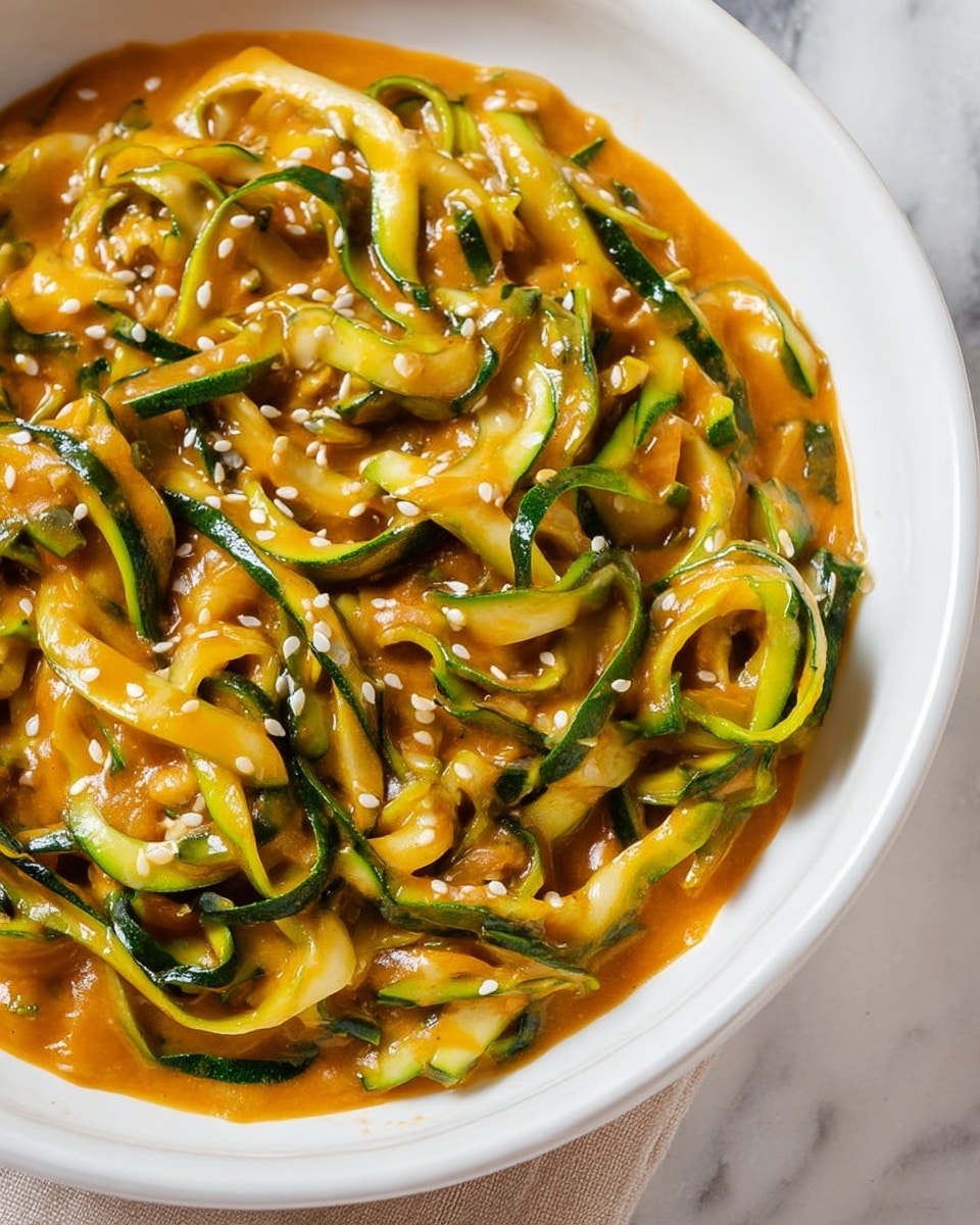 The image shows a close-up of a white bowl filled with thin, curly strips of zucchini mixed in a thick, orange-colored sauce. The zucchini ribbons have a fresh green and pale yellow color with a glossy texture. The sauce covers the zucchini evenly, giving a creamy and slightly shiny look. Small white sesame seeds are scattered over the top, adding a slight texture contrast. The bowl sits on a white marbled surface with a soft natural light coming from one side, highlighting the shiny sauce and fresh zucchini. Photo taken with an iphone --ar 4:5 --v 7