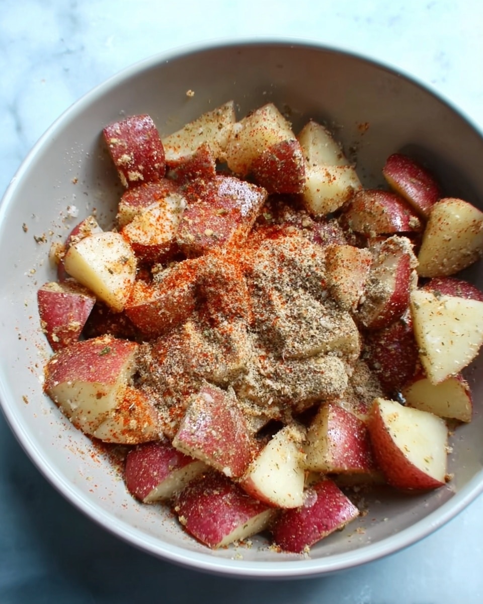 The image shows a close-up of a white bowl filled with small potato pieces. The potatoes have red and yellow skins and are roughly chopped into uneven chunks. On top of the potatoes, there is a visible layer of dry spices that include a mix of greenish and reddish powders. The texture of the spices looks coarse, with some being finely ground and others more flaky. The bowl is placed on a white marbled surface. photo taken with an iphone --ar 4:5 --v 7