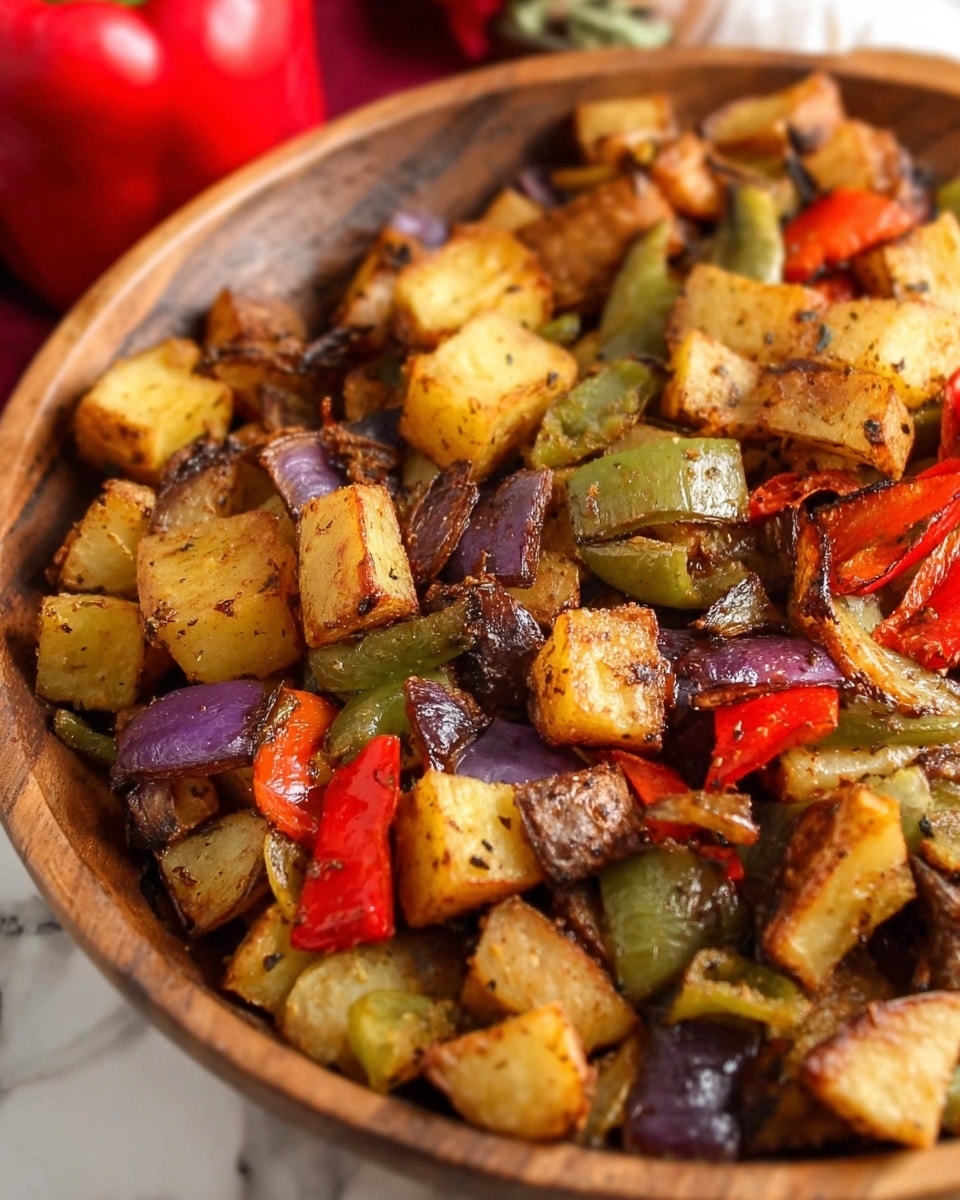 A close-up of a wooden bowl filled with roasted mixed vegetables layered evenly. The first layer has golden brown potato cubes with crispy edges. Mixed with them are pieces of green bell pepper and red bell pepper showing bright red and green colors, some with slight charring. Dark purple onion chunks are scattered throughout, adding a deep contrasting color. All the vegetables have a slightly shiny, spiced surface showing a light coating of herbs or seasoning. The bowl rests on a white marbled surface with a red bell pepper blurred softly in the background. photo taken with an iphone --ar 4:5 --v 7