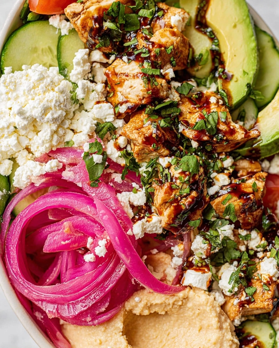 The close-up image shows a colorful dish layered in a white bowl on a white marbled surface. The bottom layer has creamy hummus with a smooth texture, light tan in color, placed near the edge. On one side, there is a scoop of white cottage cheese with green herbs mixed inside. Next to it, slices of bright green avocado fan out neatly. In the center are small pieces of browned grilled chicken, topped with finely chopped green herbs and drizzled with a dark sauce. Overlapping the chicken are thin, vibrant slices of pickled red onion, bright pink-purple and slightly translucent. Scattered white crumbles of feta cheese add texture throughout the dish, with chopped cucumber pieces and bits of tomato peeking through near the edges, all set against the fresh and bright colors of the ingredients. photo taken with an iphone --ar 4:5 --v 7