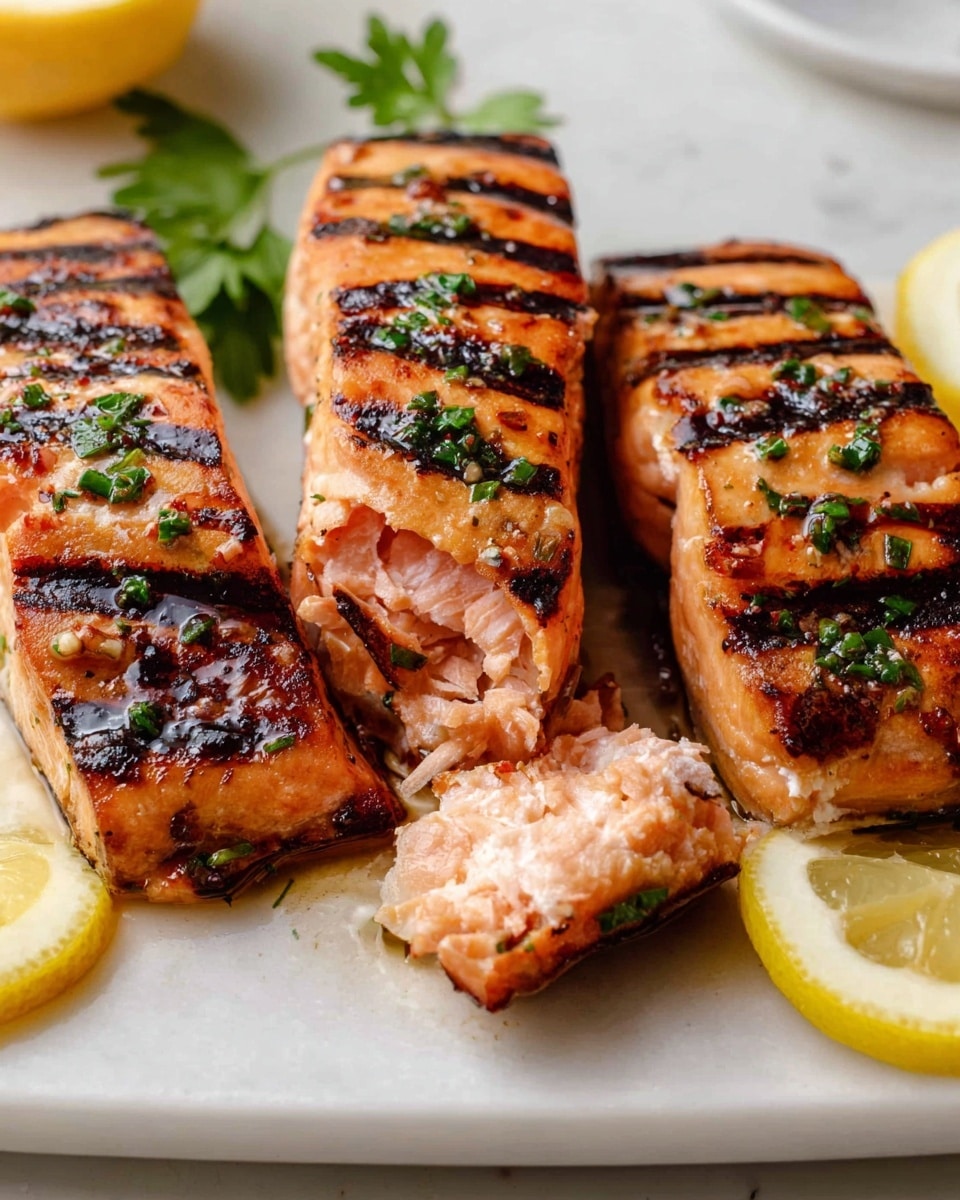 The image shows three pieces of grilled salmon with clear dark grill marks that give a textured, slightly charred look to the light orange-pink fish. The pieces are arranged close together on a white plate with a white marbled surface beneath. The salmon has a shiny surface, topped with small green herb bits, and one piece is cut to show moist layers inside with a soft, flaky texture. On the edges of the plate are bright yellow lemon halves with a fresh green herb garnish nearby. The overall look is warm, fresh, and inviting. photo taken with an iphone --ar 4:5 --v 7