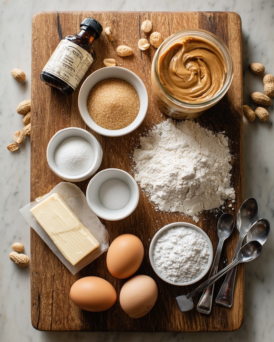 A wooden cutting board with various baking ingredients arranged neatly on it: a jar of smooth peanut butter with a swirl visible inside at the top right, a small pile of light brown sugar in a white bowl to the left, two whole brown eggs placed side by side near the center, a stick of butter partly wrapped in paper slightly to the bottom left, and a group of small white bowls with white powders, possibly flour and sugar, spread mainly on the right side. There is a bottle of vanilla extract standing near the top left next to a few peanuts. Several metal measuring spoons are scattered on the right and bottom left corners. The background is a white marbled texture, photo taken with an iphone --ar 4:5 --v 7