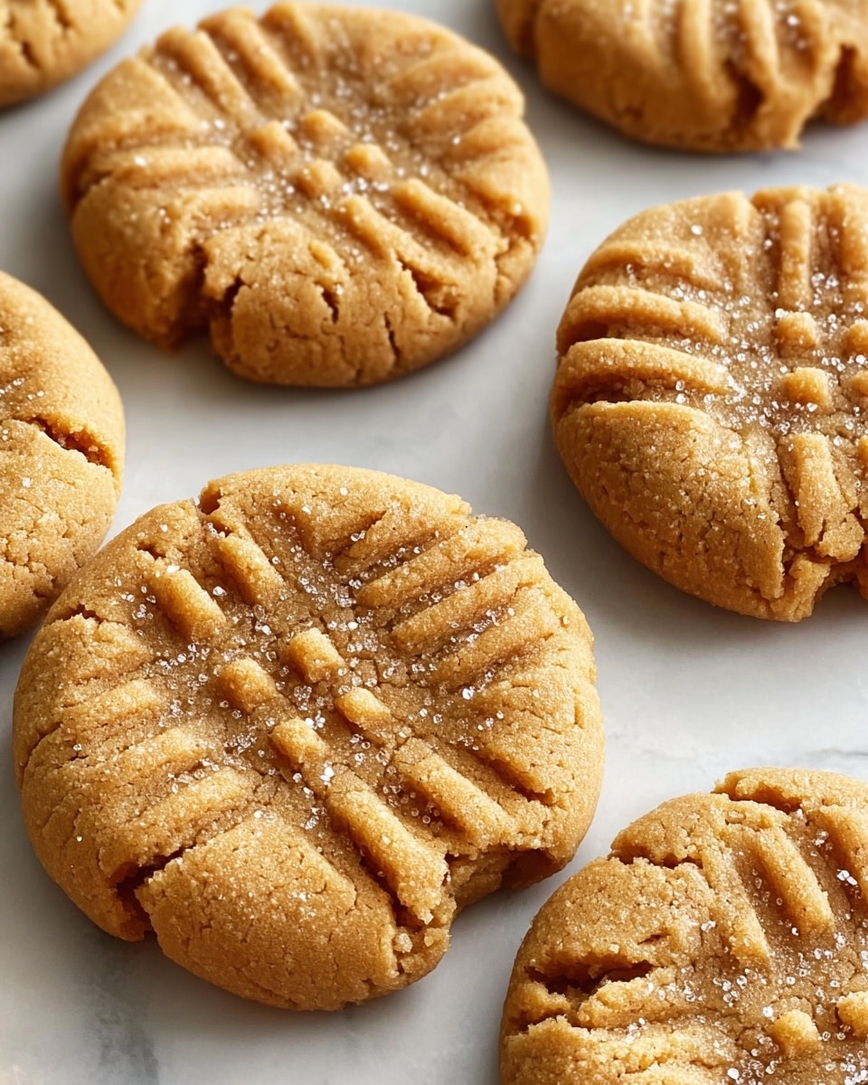 A close-up view of several golden peanut butter cookies arranged on a white marbled surface, each cookie featuring a criss-cross fork pattern pressed into the soft dough on top. The cookies have a slightly crumbly texture with small cracks visible along the edges, and a light sprinkle of coarse sugar crystals adds sparkle to the surface of the front cookie. The warm tones of the cookies contrast softly with the cool, clean look of the white marbled background. photo taken with an iphone --ar 4:5 --v 7