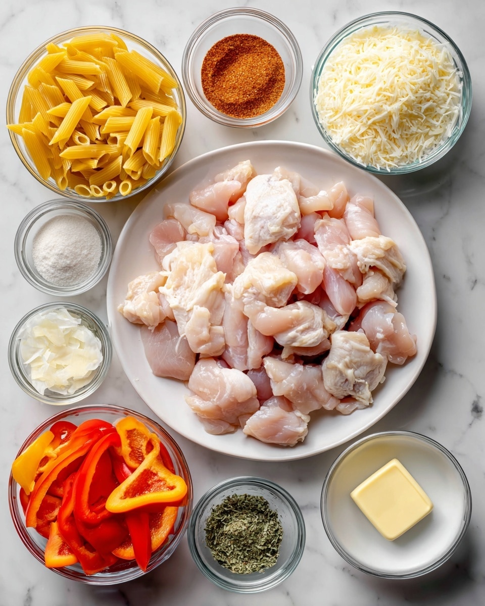 The image shows a white plate in the center with many pieces of raw light pink chicken, surrounded by multiple small clear glass bowls filled with yellow pasta, white heavy cream, light yellow grated parmesan cheese, light brown cajun seasoning, red smoked paprika, dried green basil, white chopped onion, and small amounts of white salt, black pepper, and light beige garlic powder. There are two small white bowls holding sliced orange and red bell peppers. A small piece of pale yellow butter lies next to the onion bowl. All items are placed on a white marbled surface. photo taken with an iphone --ar 4:5 --v 7