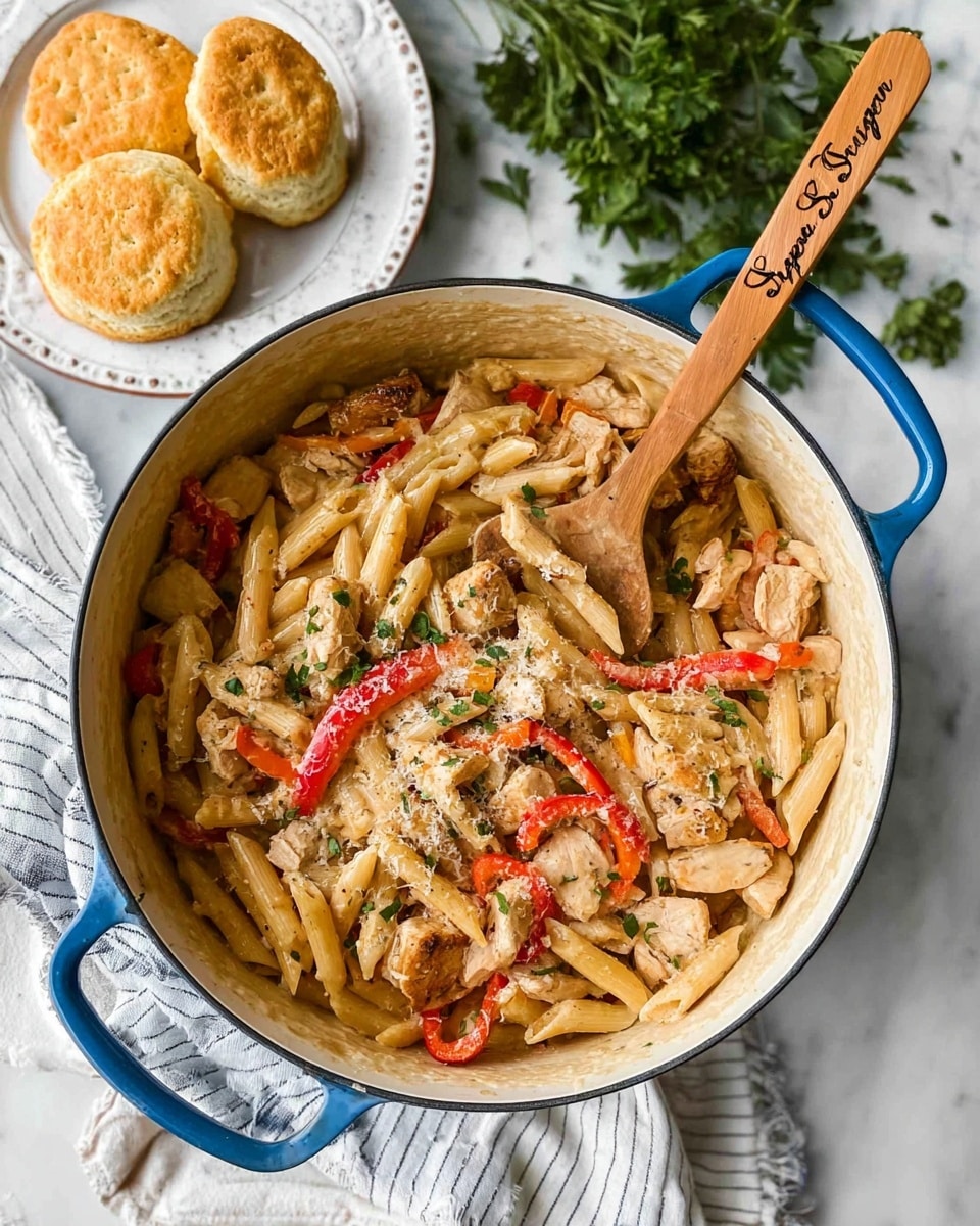 A large white pot with blue handles is filled with cooked penne pasta mixed with chunks of light brown chicken and thin slices of red and orange bell peppers. The dish looks creamy with small green herb bits sprinkled on top, black pepper is visible, and some cheese is lightly scattered over the pasta. A wooden spoon with