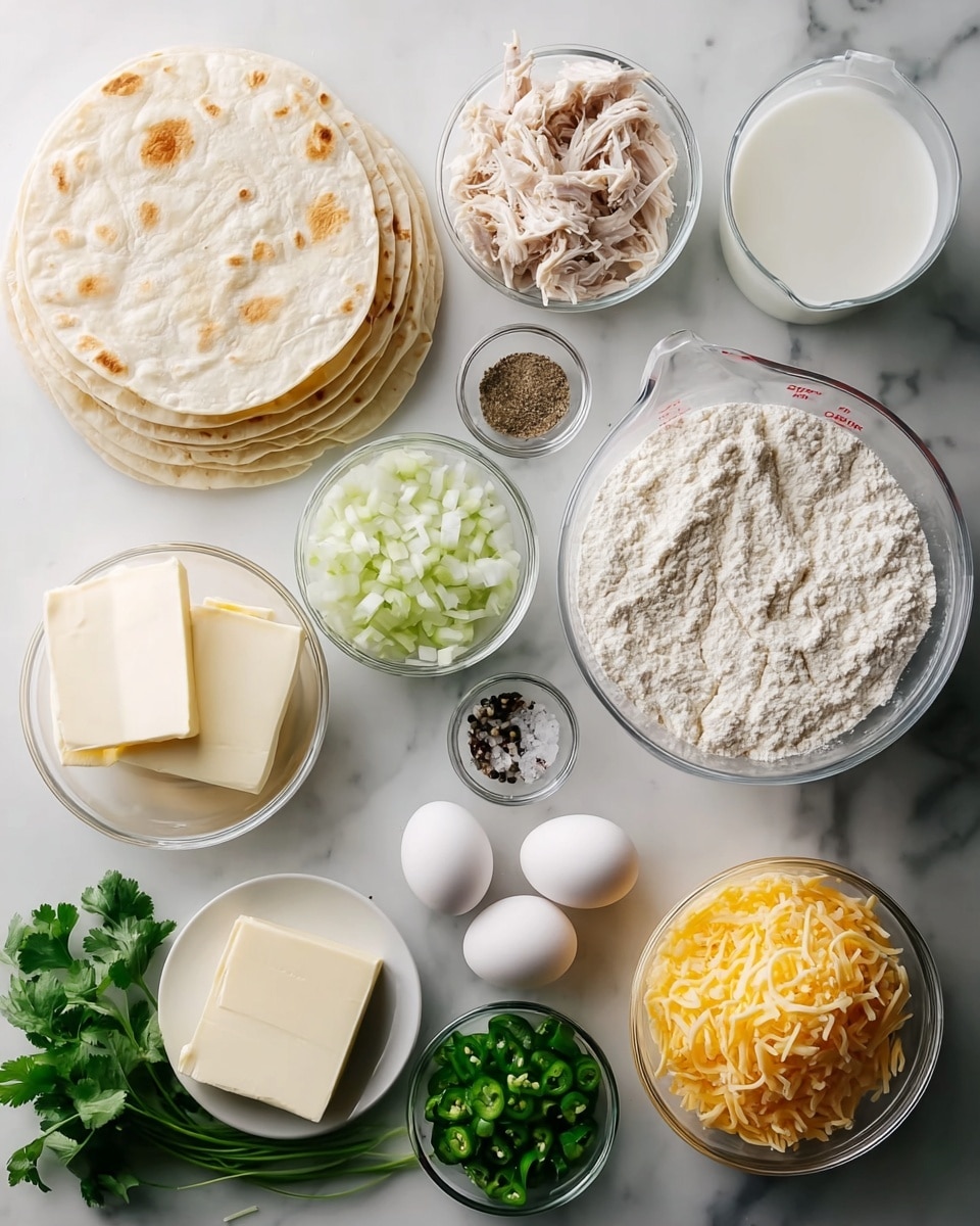 The image shows ingredients arranged neatly on a white marbled surface, featuring a stack of round white tortillas with light brown spots in the top left corner. Next to them is a clear bowl filled with shredded white meat. In the top right, there is a clear bowl of white liquid, and below that are two small white eggs. A large clear measuring cup filled with white flour is to the right side. In the lower middle, there is a clear bowl with shredded yellow cheese. To the left of it, a small white bowl holds salt, and next to that another small white bowl contains black pepper. Below all these is a small white plate with two blocks of butter, one rectangular and one square. To the left is a clear bowl filled with chopped white onions, and above it is a small white bowl of chopped green jalapenos. Fresh green cilantro with stems is placed on the left edge. All items are bright, clean, and well lit. Photo taken with an iphone --ar 4:5 --v 7