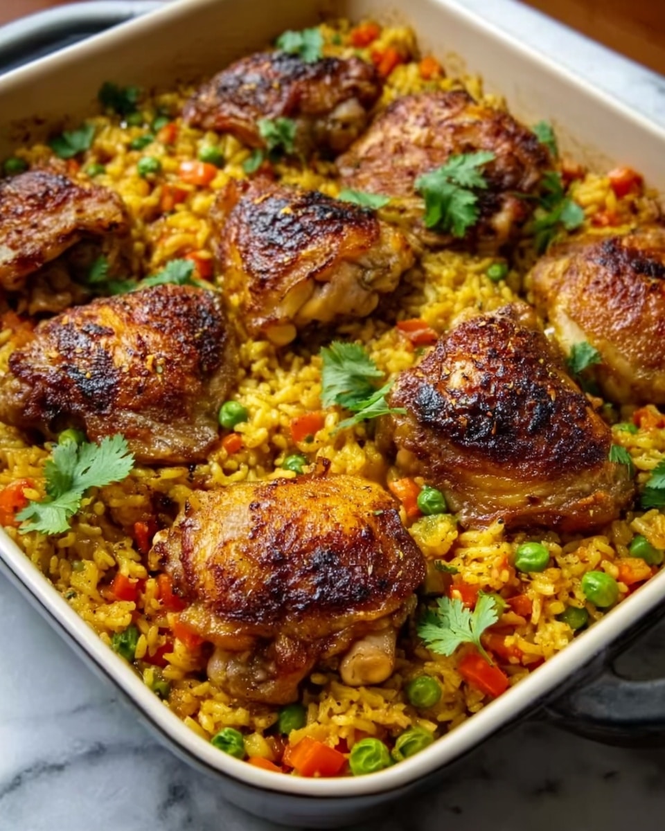 This image shows a white rectangular baking dish filled with yellow rice mixed with small pieces of red and orange bell peppers and green peas. On top of the rice, there are eight browned, well-cooked chicken thighs with a slightly crispy skin, spaced evenly. Some fresh green cilantro leaves are sprinkled on top, adding a touch of bright green color. The dish is placed on a white marbled surface with warm light highlighting the textures and colors of the food. photo taken with an iphone --ar 4:5 --v 7