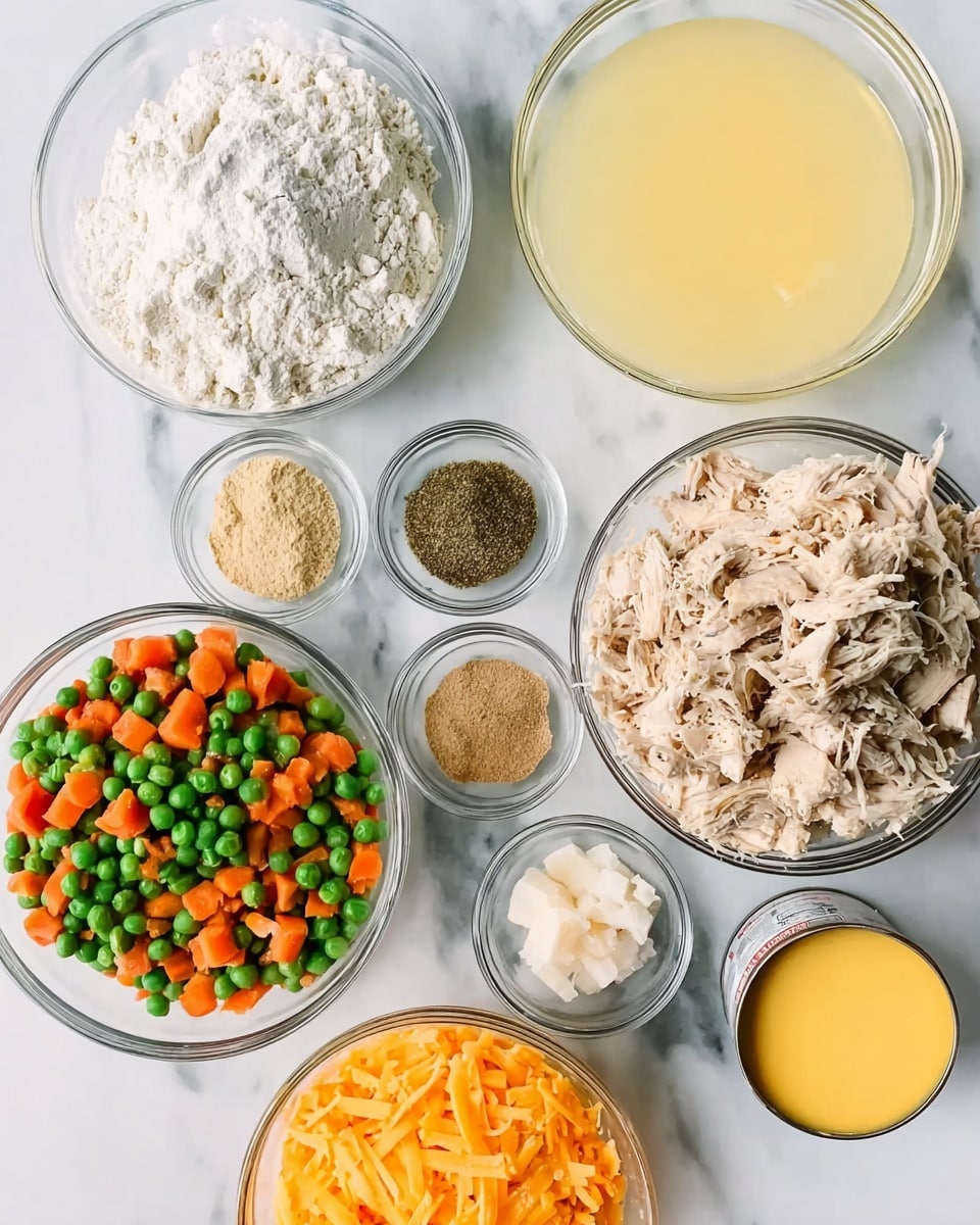 A white marbled surface holds several clear glass bowls arranged loosely. The largest bowl in the center contains light brown shredded cooked chicken with a rough texture. Below it, a slightly smaller bowl is filled with a mix of frozen peas and cubed carrots, showing vibrant green and orange colors with a frosty coating. To the left sits a medium bowl of white flour, powdery in texture, while above it a smaller bowl holds three spice powders in separate sections: one beige, one darker brown, and one black. Above the chicken, a medium bowl contains light yellow broth with a smooth surface, next to it a similar bowl holds white milk. To the right of the vegetables is a small bowl filled with bright orange shredded cheddar cheese. In the bottom right corner, an opened can displays thick pale yellow sauce. A woman's hand is not visible in this image. Photo taken with an iphone --ar 4:5 --v 7