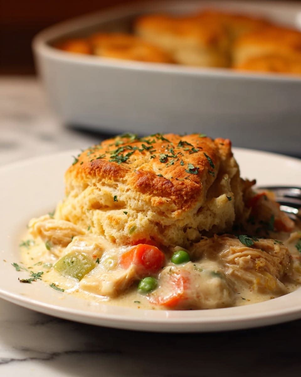 A white plate holds a two-layered dish where the bottom layer is a creamy mix with visible orange carrot pieces, green peas, and shredded light-colored meat in a light sauce; the top layer is a thick, golden-brown biscuit with a rough, crumbly texture, sprinkled lightly with green herbs. The creamy base spreads slightly under the biscuit, creating a soft contrast between the rich sauce and the firm biscuit on top. The background features a white marbled surface with a blurred baking dish that contains more of the golden biscuits. photo taken with an iphone --ar 4:5 --v 7