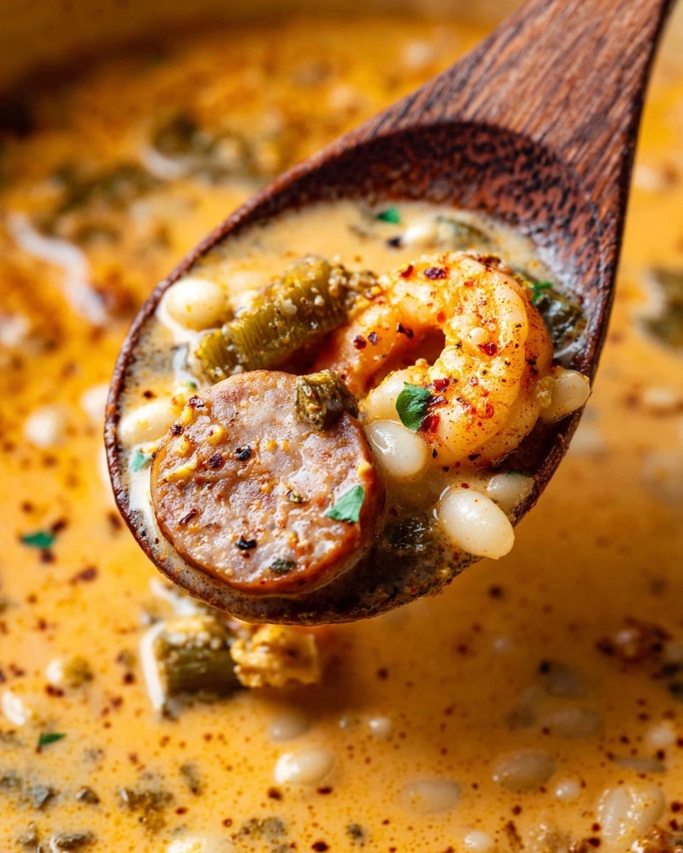 A close-up of a wooden spoon holding a creamy soup mixture with visible layers of small white hominy kernels, a round slice of sausage with a light brown color and a slightly oily texture, a few shrimp with an orange-pink hue, and scattered green chopped vegetables all coated in a warm, thick, orange-cream broth with flecks of black pepper and spices. The background shows more of the creamy soup in soft focus on a white marbled surface. photo taken with an iphone --ar 4:5 --v 7