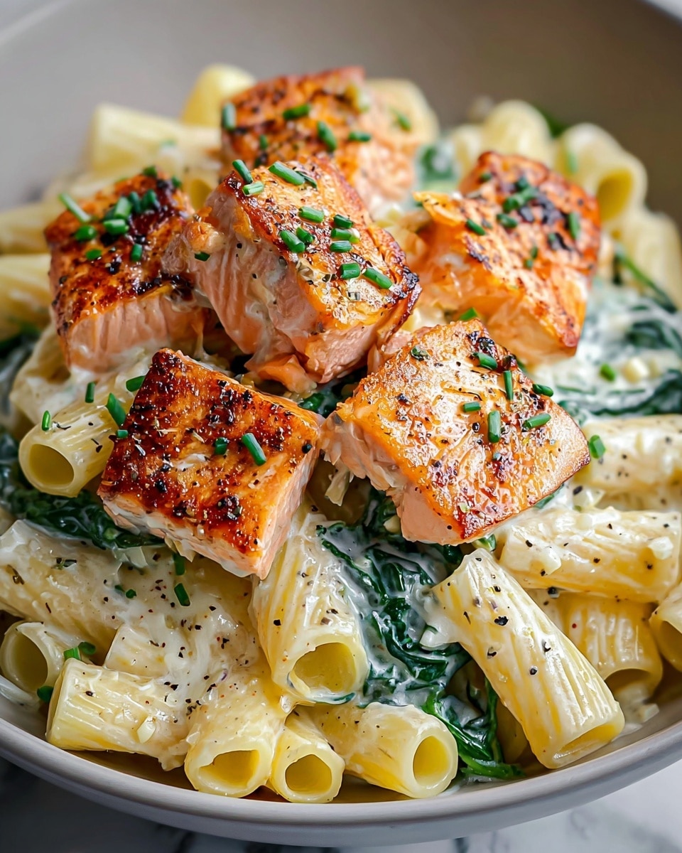 The dish shows a close-up of a layered pasta meal served in a white bowl on a white marbled surface. At the bottom layer, there is rigatoni pasta with a pale yellow color, coated in a creamy white sauce with visible black pepper and small green spinach leaves mixed in. On top of the pasta, there are four medium-sized cubes of salmon, cooked with a golden-brown crust and lightly charred edges, sprinkled with small green herb pieces, possibly chives. The salmon pieces rest slightly overlapping on the pasta and spinach, adding a warm orange contrast to the creamy base. The entire dish has a fresh and rich look, with the glistening sauce and grilled details of the fish clearly seen, photo taken with an iphone --ar 4:5 --v 7