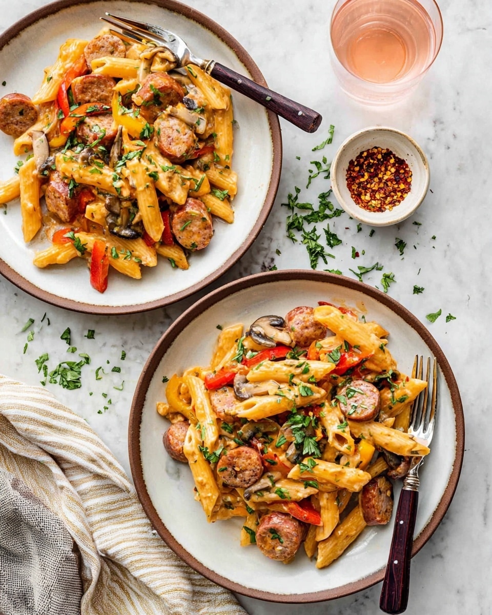 Two white plates with a brown rim hold a creamy pasta dish made of penne pasta in a light orange sauce. The pasta is mixed with round slices of browned sausage, pieces of red and yellow bell peppers, and sliced mushrooms. The dish is garnished with chopped green herbs on top. Each plate has a silver fork with a dark wooden handle resting on the edge. Around the plates on a white marbled surface are scattered green herb bits, a small white bowl of red chili flakes, and a light pink glass of drink. A beige and gray striped cloth napkin lies near the bottom left corner. Photo taken with an iphone --ar 4:5 --v 7