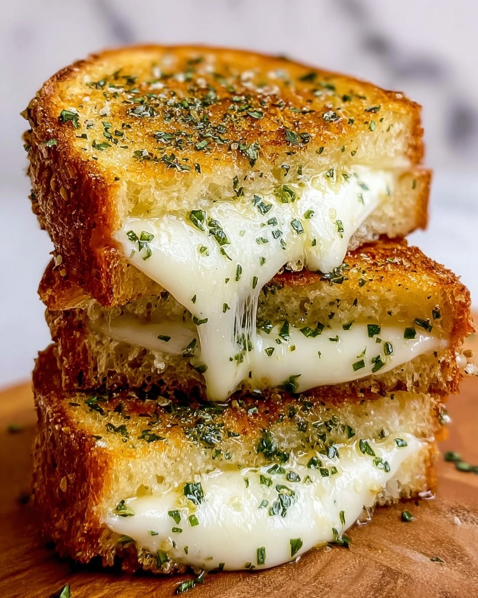 The image shows a close-up of a grilled cheese sandwich with two layers. The outer layers are golden brown toasted bread with a crispy texture, sprinkled with green herbs and seasoning. Between the bread layers, there is a thick middle layer of melted white cheese, stretching slightly and mixed with bits of green herbs and a light drizzle of oil. The sandwich is stacked on a wooden surface with a white marbled texture background. photo taken with an iphone --ar 4:5 --v 7