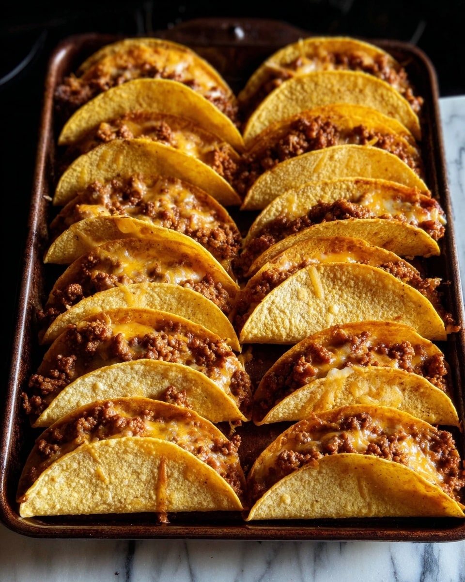 There is a baking tray filled with eight folded tacos in two rows of four. Each taco has a golden-yellow, lightly crispy corn tortilla folded over a filling of browned ground meat mixed with melted light brown and orange cheese. The tacos are placed closely side by side with the open side facing up. The tray is dark metal and sits on a white marbled surface. The background is dark and blurry. Photo taken with an iphone --ar 4:5 --v 7