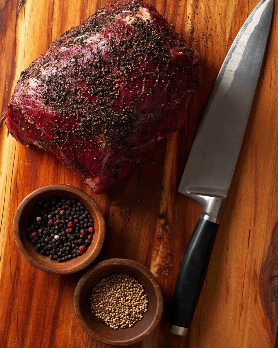 A large piece of cooked meat with a dark red color and coarse black pepper seasoning on top sits on a wooden surface. To the right of the meat, there is a large silver knife with a black handle. Below the meat, two small brown bowls hold black peppercorns and light brown cumin seeds. The wooden surface has a warm tone with visible grain patterns. photo taken with an iphone --ar 4:5 --v 7
