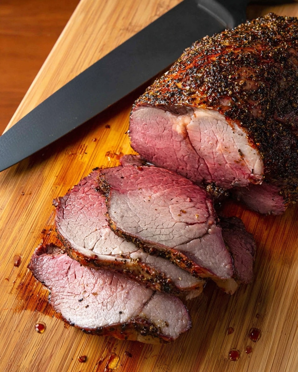 The image shows a large roast with a dark, peppery crust on top right side, resting on a wooden cutting board. Three thick slices are cut from the roast, showing a pinkish center with a slightly browned edge, and a juicy texture with visible seasoning. A large knife with a black handle lies above the roast, positioned diagonally. The wooden board has a warm, natural grain and small juices from the meat are visible near the slices. photo taken with an iphone --ar 4:5 --v 7