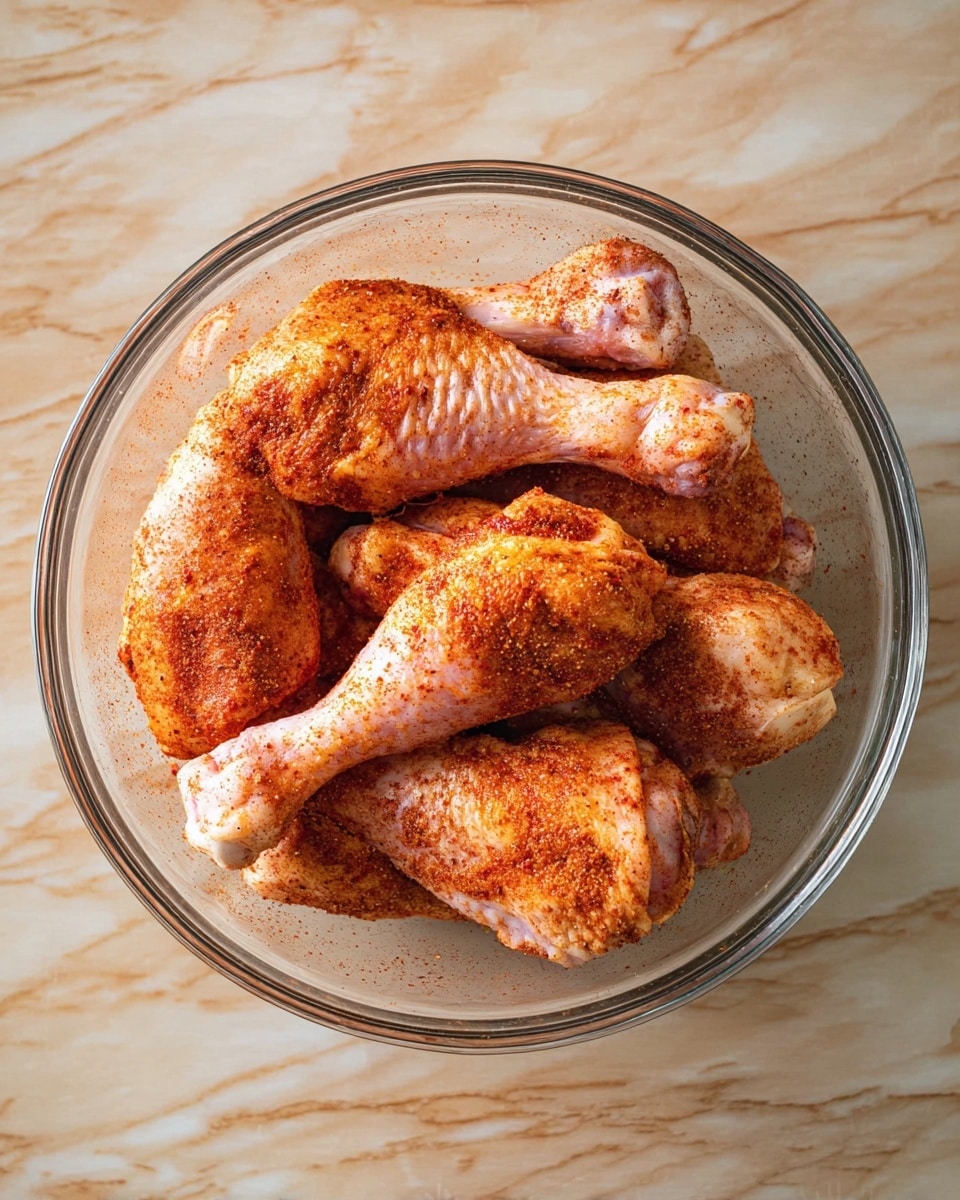 A glass bowl filled with eight raw chicken legs, each coated with a red spice rub, giving them a textured look of powdery and slightly oily seasoning. The chicken legs are arranged naturally, overlapping inside the clear bowl, which sits on a white marbled surface. The lighting highlights the reddish color of the spices and the pale white of the chicken skin, showing a contrast between the two. Photo taken with an iphone --ar 4:5 --v 7