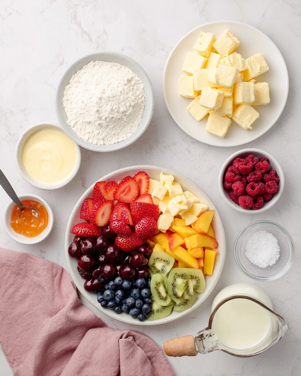 A flat white plate sits on a white marbled surface holding a round dish filled with six neatly separated fruit layers: bright red strawberries sliced, dark red cherries halved, light green sliced kiwi, yellow-orange diced peaches, deep red raspberries, and small dark blue blueberries; to the top right, a white plate holds a pile of pale yellow butter cubes; to the left is a white bowl filled with a mound of fine white flour; near the flour is a small silver cup with white salt; above the flour is a small white dish filled with white granulated sugar; a small glass measure pitcher with a wooden handle contains fresh white milk and is placed between the butter and flour; to the bottom left is a white bowl of smooth pale yellow custard-like cream next to a small clear pitcher with orange jam; a soft pink cloth lies folded at the bottom left; the image is bright with soft natural light, photo taken with an iphone --ar 4:5 --v 7
