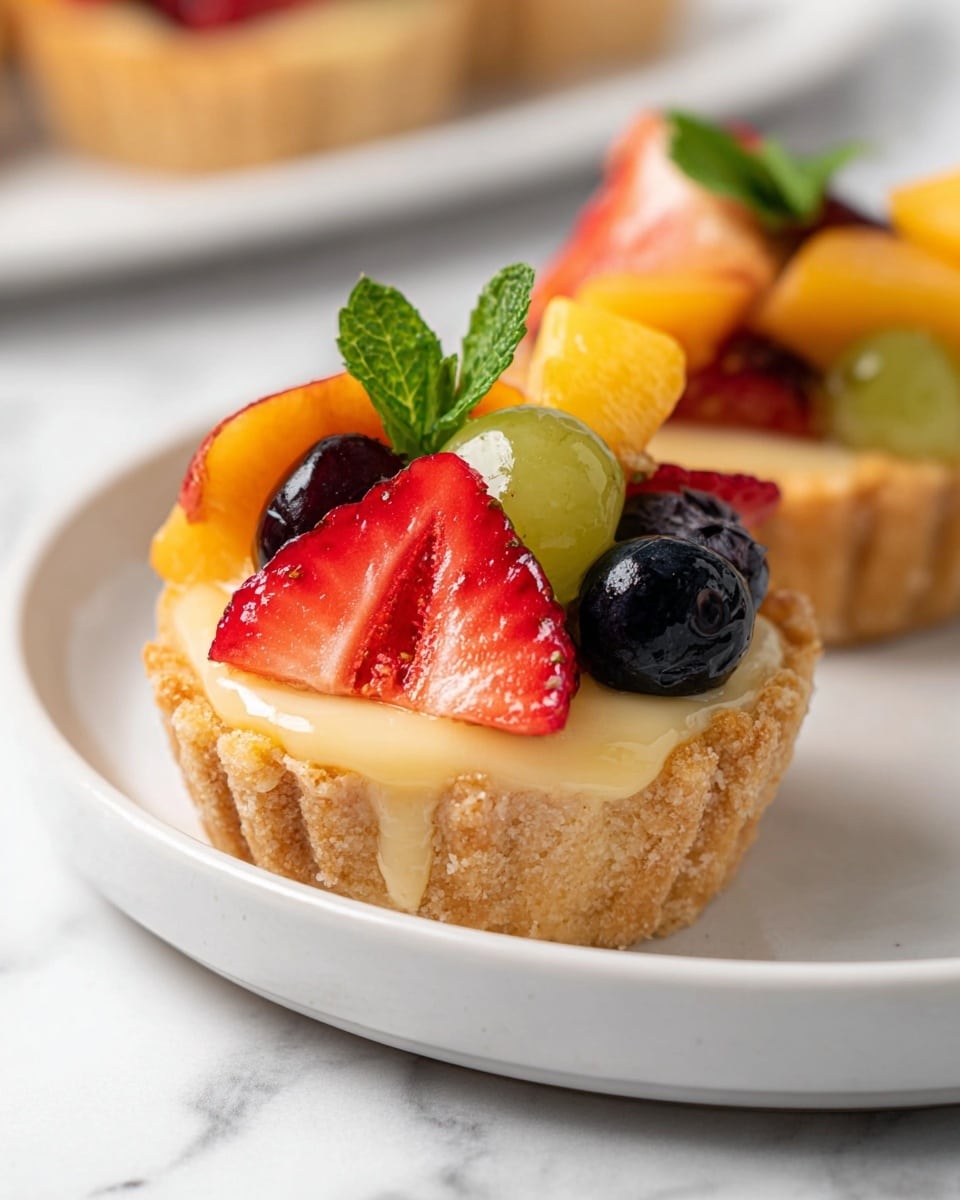 A small tart with three layers: the bottom layer is a crumbly light brown crust, the middle layer is smooth and creamy pale yellow filling, and the top layer has fresh fruit pieces including red strawberry slices, dark blue blueberries, green grape halves, and orange peach slices, with a small green mint leaf on top. The tart is placed on a white plate with a white marbled surface in the background. Another similar tart is slightly blurred in the background. photo taken with an iphone --ar 4:5 --v 7
