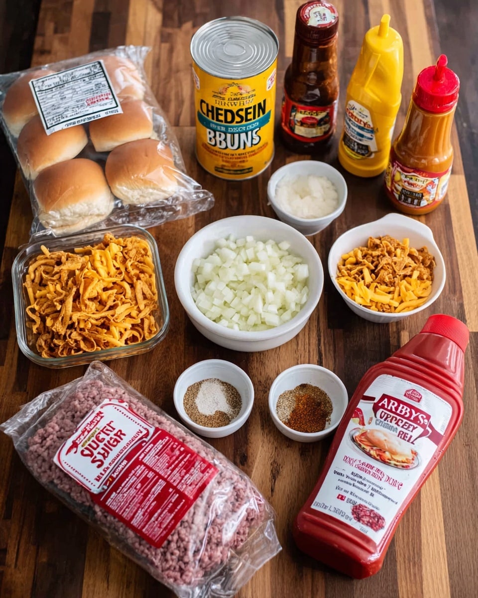 The image shows several cooking ingredients arranged on a wooden surface. In the top left, there is a pack of onion hamburger buns wrapped in clear plastic. Below it, a can of premium cheddar cheese sits on the left. Next to the cheese, a small white bowl filled with chopped onions is placed. In front of the onions, two small white bowls hold different spices: one with a mix of powdered spices and the other with minced garlic. To the right of the onions, there are two wrapped rolls of ground beef. Next to the beef, a large red and white container of crispy fried onions is lying on its side. In front of the container, a bottle of Arby’s sauce with red and white labels is standing upright. Behind all these ingredients, there are three bottles of sauces: Worcestershire sauce, yellow mustard, and ketchup lined up. The whole setup is on a wood surface but should be imagined on a white marbled texture photo taken with an iphone --ar 4:5 --v 7