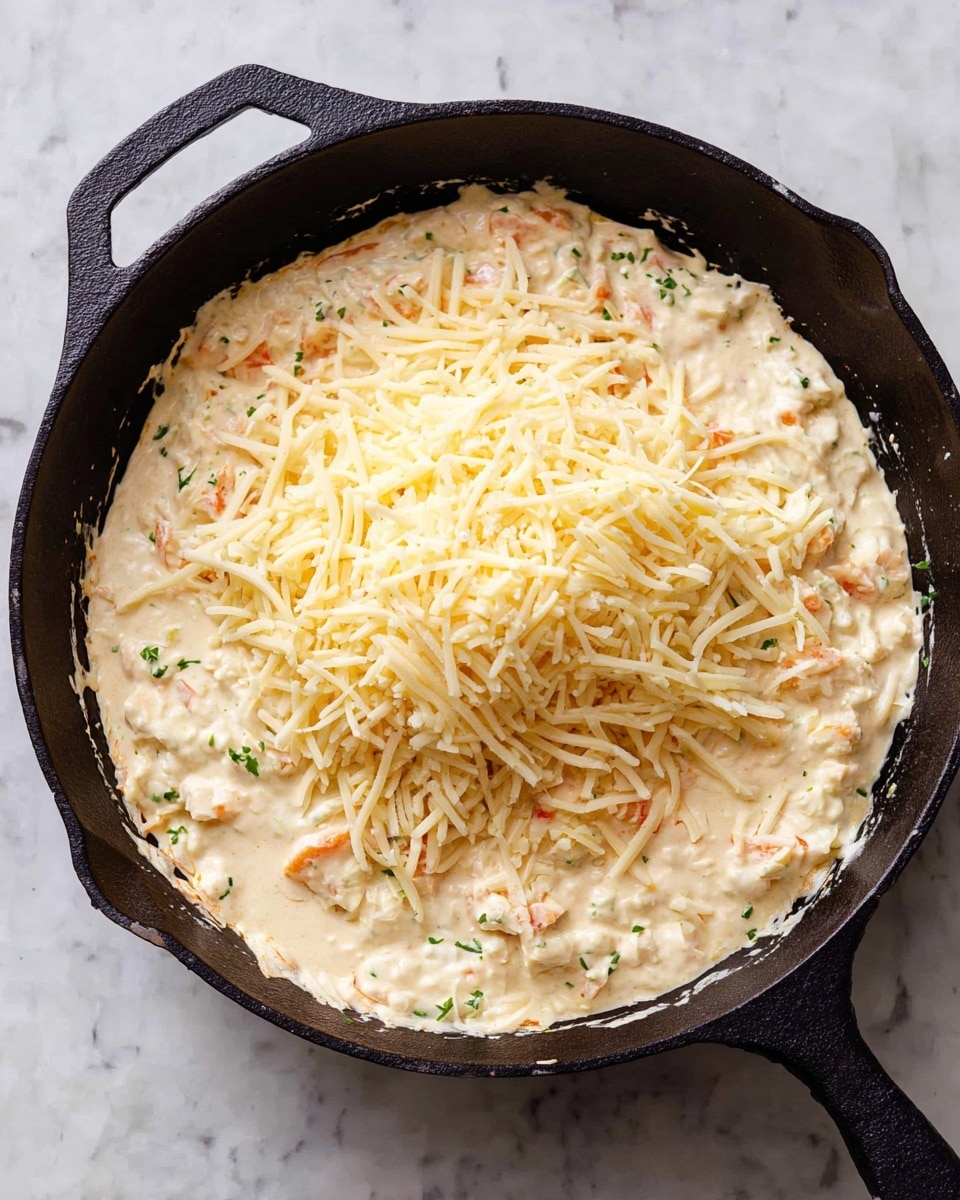 A black cast iron pan filled with a thick, creamy mixture showing three layers: the base layer is chunky with white cream, orange pieces, and small bits of green herbs spread evenly, the middle layer is smooth and creamy light beige covering the base fully, and the top layer is a generous pile of shredded pale yellow cheese placed neatly in the center. The pan is sitting on a white marbled surface. Photo taken with an iphone --ar 4:5 --v 7