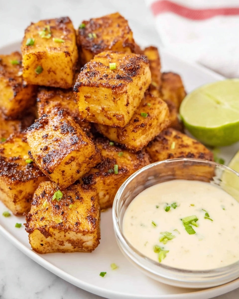 The image shows a white plate piled with golden-brown, grilled fish cubes that have a slightly crispy texture with visible seasoning and grill marks. The fish pieces are stacked closely together, and small bits of green garnish are sprinkled on top, adding a touch of color. Next to the fish is a small clear glass bowl filled with a creamy, light beige dipping sauce with a few green garnish pieces on top. In the background, a slice of lime and a red and white cloth can be faintly seen, all set on a white marbled surface. Photo taken with an iphone --ar 4:5 --v 7