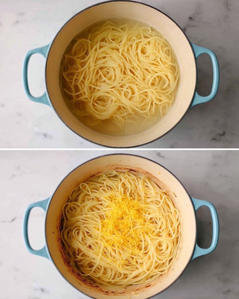 The image shows two photos of a light blue pot with two handles on a white marbled surface. Inside the pot in both images is cooked spaghetti. The top photo displays plain spaghetti with a light yellow color sitting in a small amount of water. The bottom photo shows the spaghetti mixed with a small pile of light yellow lemon zest on top, giving a fresh look. The pot's inside is cream-colored with some browned spots visible around the bottom edge in the second photo. Photo taken with an iphone --ar 4:5 --v 7