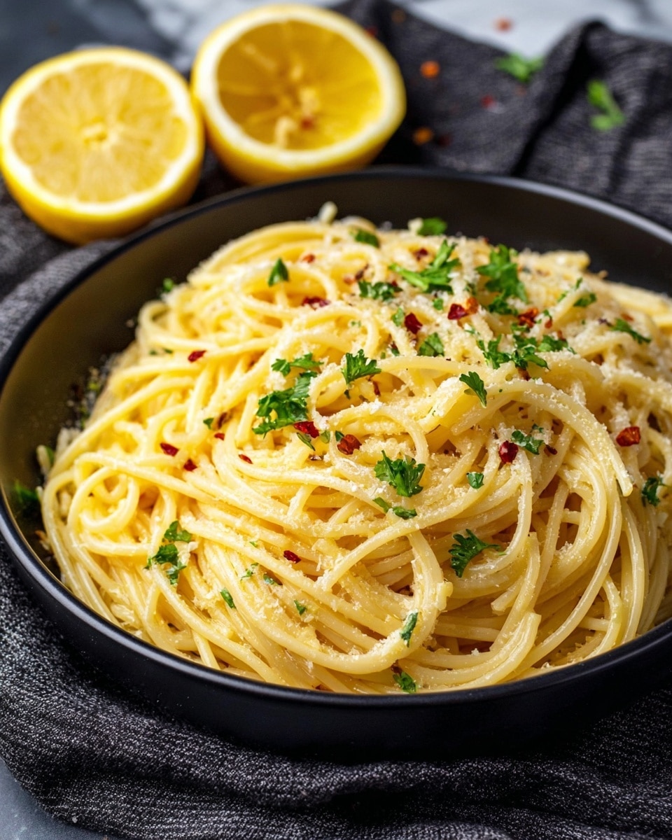 A black bowl filled with twisted, light yellow spaghetti noodles piled in the center, topped with small green parsley leaves and tiny red chili flakes scattered throughout, with a light sprinkle of grated cheese adding a soft, powdery texture. Behind the bowl, two halves of a bright yellow lemon rest, one whole and one cut to reveal its juicy inside. The setting includes a dark textured cloth to the left and a dark gray surface beneath, all adjusted to appear on a white marbled texture. The focus is close up, showing the glossy shine and fine details of the pasta strands and garnishes, photo taken with an iphone --ar 4:5 --v 7