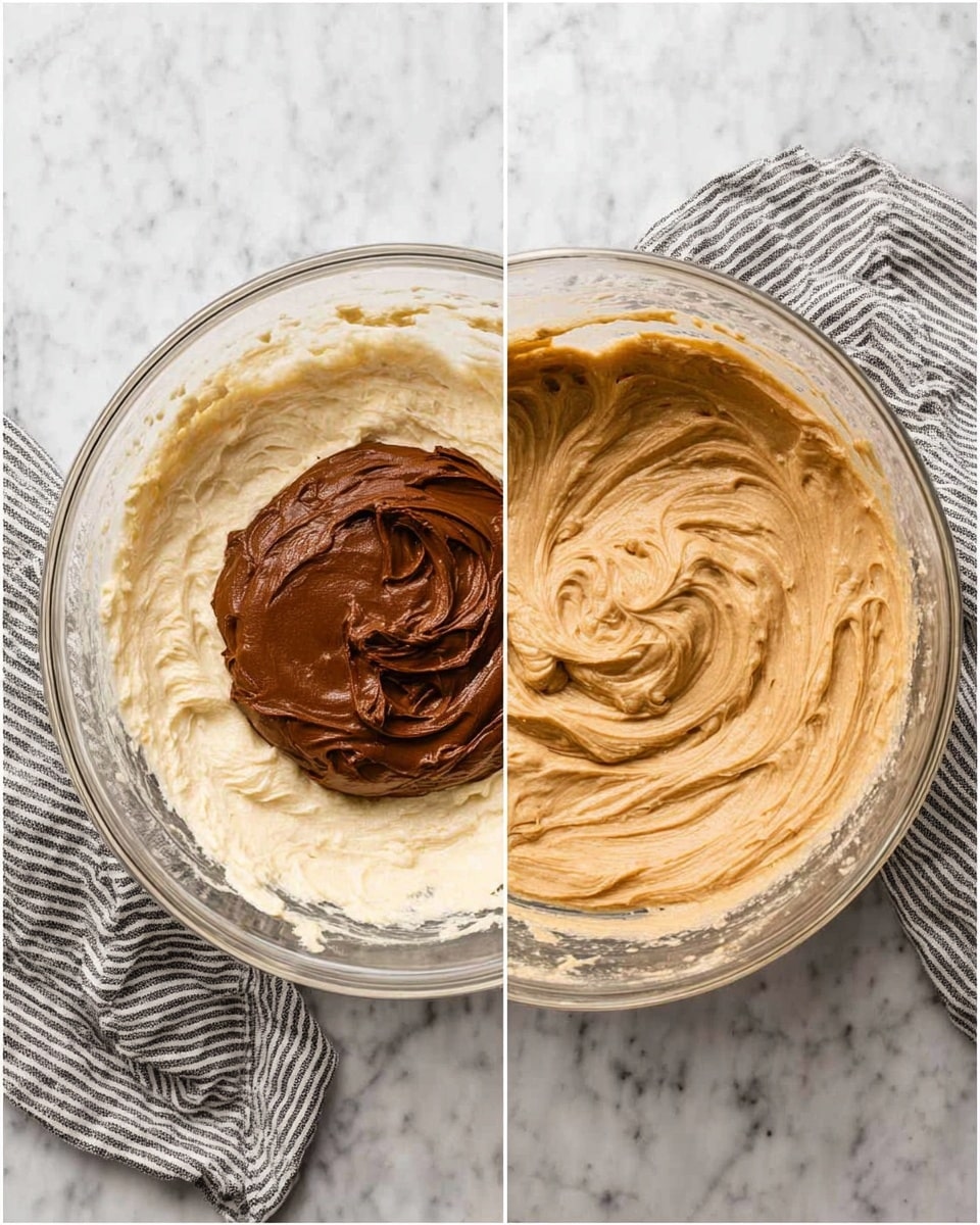Two side-by-side images show a clear glass bowl on a white marbled surface with a gray and white striped cloth nearby. The left image has a thick, light cream batter filling most of the bowl with a large dollop of smooth, dark brown paste (likely chocolate or nut butter) sitting on top in the center. The right image shows the same bowl with the batter and paste stirred together into a smooth, even mixture of light brown color with creamy texture and visible swirls. Photo taken with an iphone --ar 4:5 --v 7