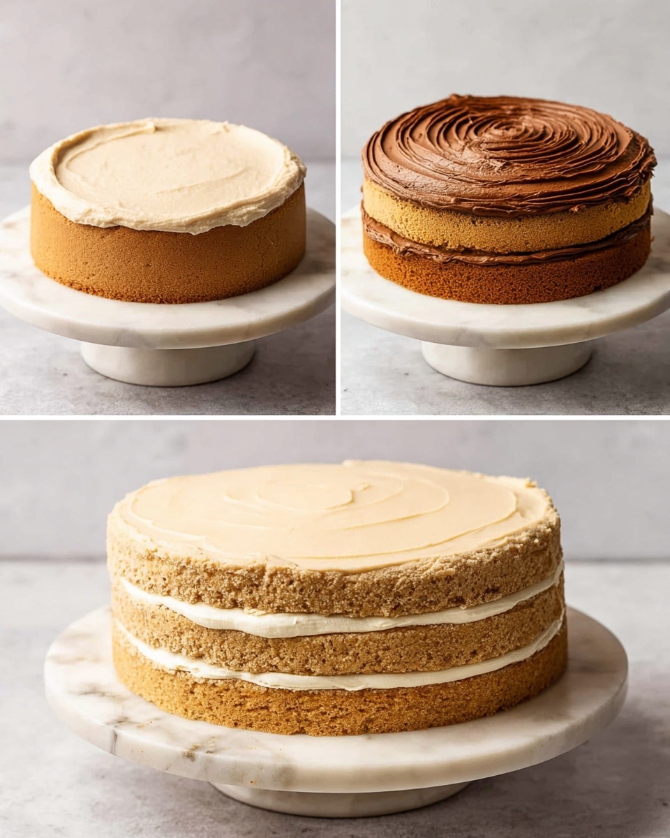 The image shows a four-step process of assembling a cake on a white marble cake stand. In the first step, a single light brown cake layer is frosted with a smooth layer of creamy beige frosting. The second step adds a swirl of rich, dark chocolate frosting on top of the beige frosting, evenly spread across the cake surface. The third step shows two light brown cake layers stacked with a thick beige frosting layer evenly spread between them, the texture of the cake is soft and spongy. The final step displays the whole cake covered smoothly with beige frosting on the sides and top, giving it a neat and clean finish. photo taken with an iphone --ar 4:5 --v 7