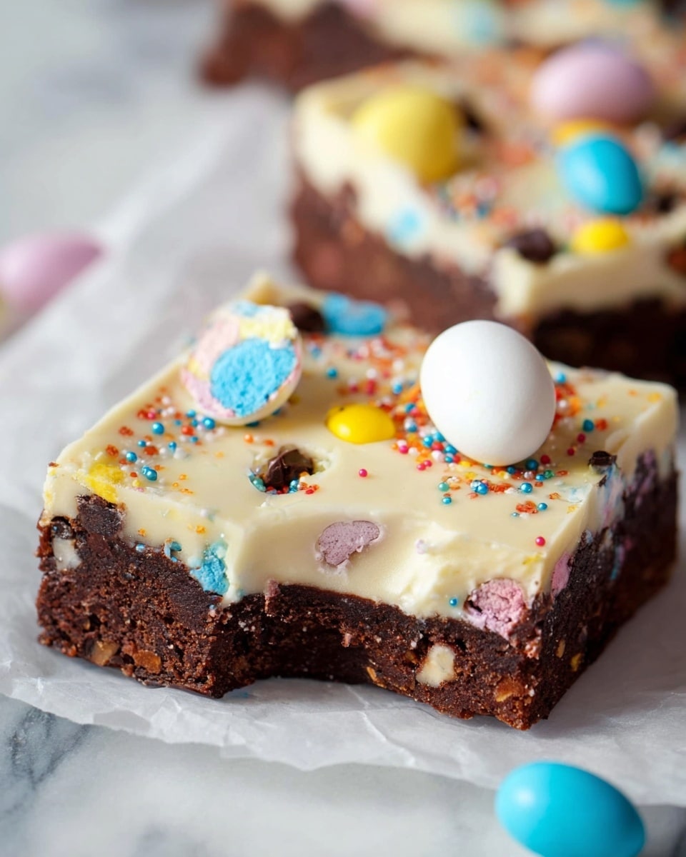 The image shows a square dessert bar with two layers. The bottom layer is thick and dark brown with a smooth but slightly crumbly texture. The top layer is thick and creamy white with colorful small round sprinkles embedded in it and scattered on its surface. Larger candy eggs with shells cracked and pieces sprinkled over the top layer add extra color, with one unbroken white egg centered. The bar has a bite taken out of one corner, revealing the layers and textures clearly. It rests on white parchment paper against a white marbled surface. Photo taken with an iphone --ar 4:5 --v 7