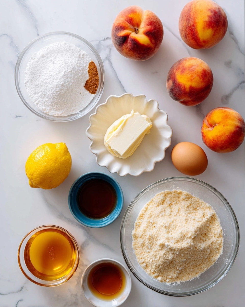 The image shows a white marbled surface with baking ingredients arranged neatly. There are six ripe peaches with soft orange and red fuzzy skin scattered around. Near the top left is a small glass bowl with white powdered sugar and brown cinnamon. Below it is a white scalloped dish holding a dollop of cream. To the left side center is a single brown egg. Below the egg is a whole bright yellow lemon. Next to the lemon is a small transparent glass bowl filled with amber honey. Center right shows a small blue bowl with brown vanilla extract. At the bottom right corner is a clear glass bowl filled with a crumbly mixture of flour and sugar. Near the vanilla is a block of pale yellow butter still wrapped in paper. All items are placed spaciously on the white marbled surface photo taken with an iphone --ar 4:5 --v 7