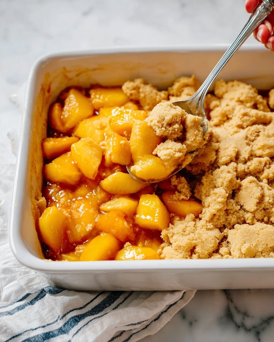 The image shows a white baking dish filled with golden peach chunks as the bottom layer, with a soft, crumbly light beige dough being spread as the top layer. A woman's hand with a silver spoon is placing the dough in small clumps over the peaches. The texture of the peaches looks juicy and slightly shiny, while the dough appears crumbly and thick. The dish sits on a white marbled surface, and a white cloth with blue stripes is partially visible on the side. Photo taken with an iphone --ar 4:5 --v 7