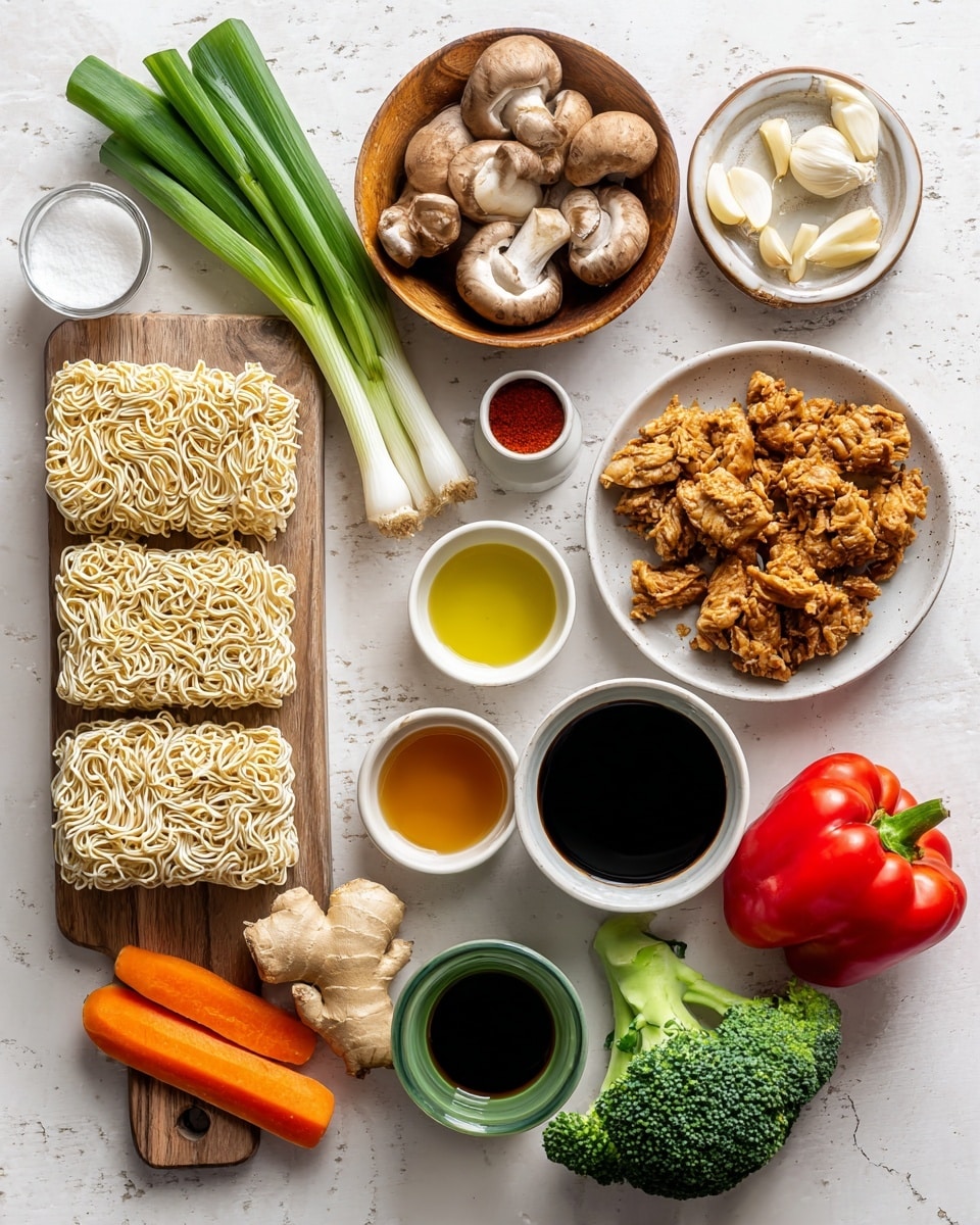 The image shows an overhead view of cooking ingredients arranged neatly on a white marbled surface. On the left, there are three blocks of dried ramen noodles stacked on a wooden board, just above a bunch of green onions with bright white roots. At the top center, a small wooden bowl holds several peeled garlic cloves, next to a white bowl filled with brown shiitake mushrooms. To the right, a white plate holds cooked chicken pieces with a browned, crispy texture. Below the chicken, there are three small bowls with light yellow oil, dark soy sauce, and sesame oil, each having smooth liquid surfaces. A small green bowl contains a piece of fresh ginger root. Near the bottom, a vivid orange carrot and a bright red bell pepper lie next to a small cluster of fresh green broccoli, labeled as mixed vegetables. Several small containers hold hoisin sauce (dark and thick), rice vinegar (light brown), cornstarch (white powder), sriracha sauce (bright red), and water (clear and reflective). Everything is placed in a tidy, evenly spaced way, with clean lines and a fresh look. Photo taken with an iphone --ar 4:5 --v 7