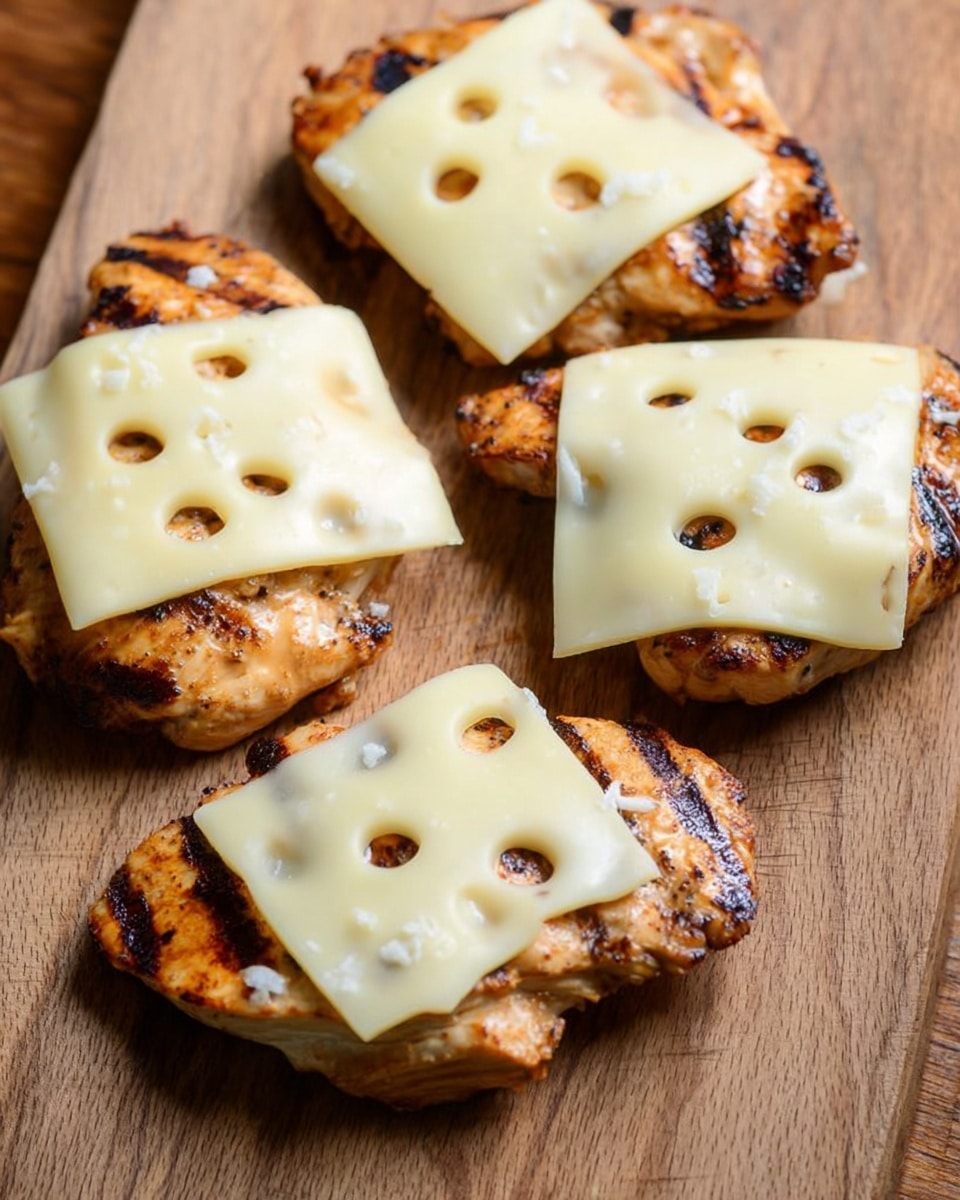 Four grilled chicken pieces are arranged on a wooden cutting board, each topped with a square slice of pale yellow Swiss cheese that has several round holes. The chicken has golden-brown grill marks, adding texture and contrast to the smooth, slightly shiny cheese on top. The cheese slices cover the chicken fully, melting slightly over the edges. The image has a close-up view and is warm in tone, with the wooden board’s natural grain clearly visible under the food. photo taken with an iphone --ar 4:5 --v 7