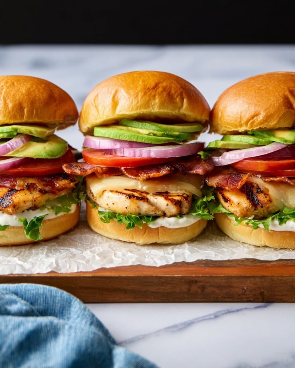Three grilled chicken sandwiches sit side by side on crumpled white paper atop a wooden board placed on a white marbled surface. Each sandwich has a soft, shiny golden bun on top and bottom. Inside, starting from the bottom, there is a layer of fresh green lettuce, followed by crispy bacon strips, a slice of melted cheese, a grilled chicken fillet with slight char marks, a thick slice of red tomato, creamy avocado slices, and thin rings of red onion. There is a light spread of white sauce under the top bun. In the background, a folded blue cloth is visible. Photo taken with an iphone --ar 4:5 --v 7