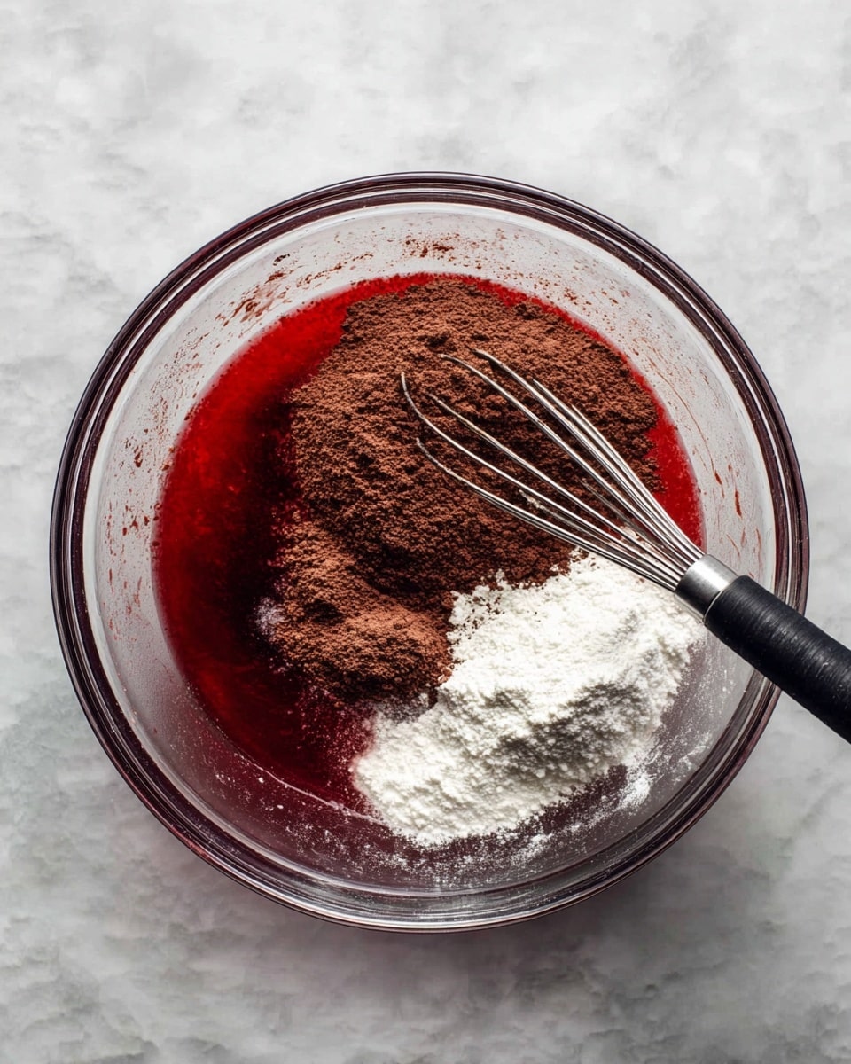 A clear glass bowl sits on a white marbled surface filled with three main layers for baking: at the bottom, a smooth and shiny deep red liquid base, followed by a heap of fine dark brown cocoa powder on the left center, and two separate piles of white powder on the right and bottom left. A metal whisk with a black handle rests on the bowl edge, partly dipped into the powders. The bowl’s clear sides show traces of red liquid. photo taken with an iphone --ar 4:5 --v 7