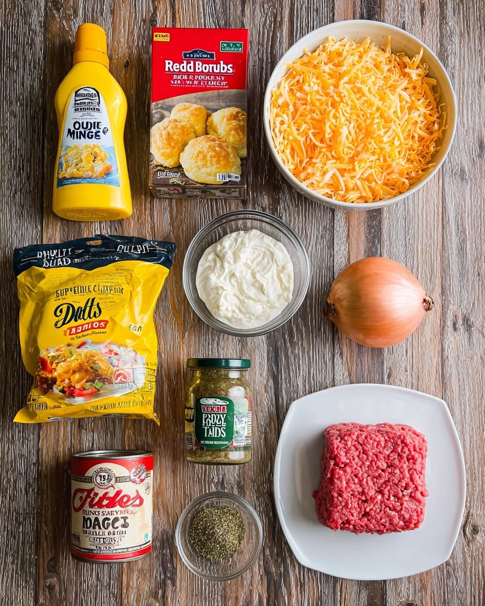 The image shows a collection of cooking ingredients arranged neatly on a wooden surface. On the top left is a yellow-topped bottle of Duke's Real Mayonnaise, next to a box of Red Lobster Cheddar Bay Biscuit Mix featuring an image of golden biscuits on it. To the right, there is a white bowl filled with shredded orange and white cheese. Below these, there is a container of Daisy Sour Cream in white packaging, a glass jar of parsley flakes with a green label, a small can of Goya diced green chilies, and a can of Hunt’s fire-roasted diced tomatoes with a red label. At the bottom left, there is a packet of Old El Paso taco seasoning mix in bright yellow packaging. An onion sits next to a small clear glass bowl, while on the bottom right a white plate holds a block of ground raw meat with a pinkish-red texture. The surface is wooden but should be imagined as a white marbled texture. Photo taken with an iphone --ar 4:5 --v 7
