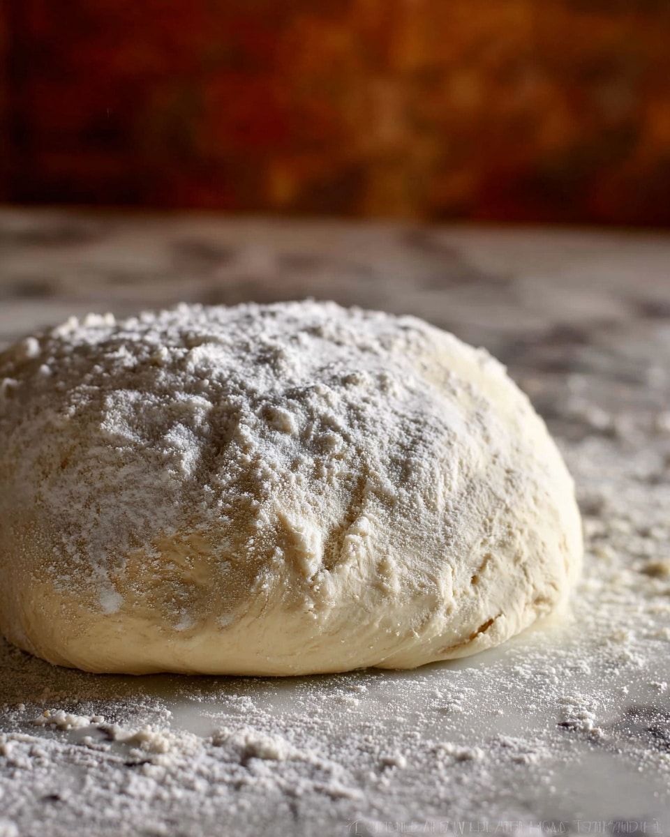 A thick round dough mound sits on a white marbled surface, dusted heavily with white flour both on top and around its base. The dough has a smooth, soft texture with slight indentations and a creamy off-white color. The background is blurred and warm-toned, helping the raw dough stand out clearly. Photo taken with an iphone --ar 4:5 --v 7