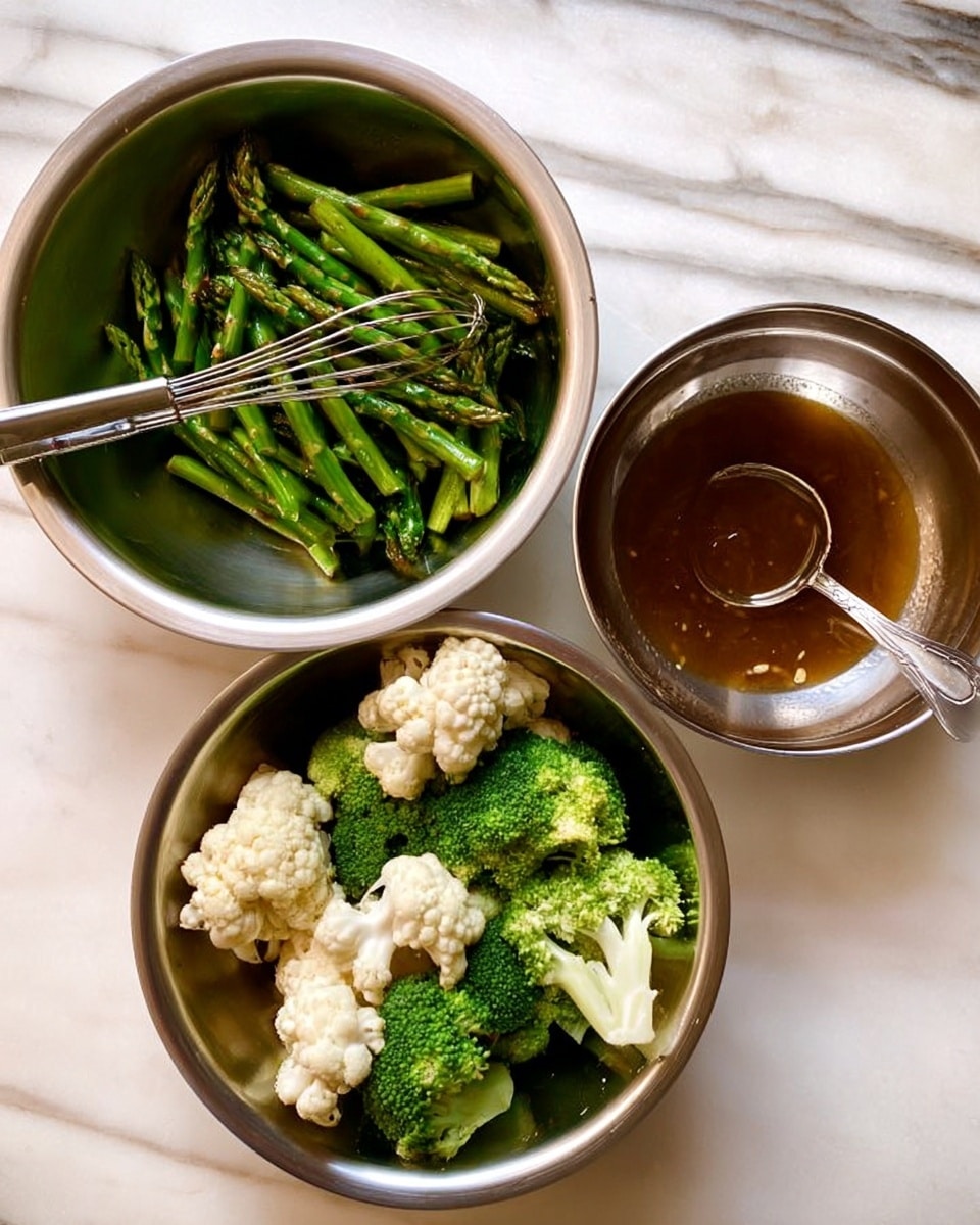 The image shows three silver metal bowls on a white marbled surface. The top bowl contains a brown sauce with a small whisk resting inside. The bottom left bowl holds green asparagus spears that appear fresh and cooked. The bottom right bowl has a mix of green broccoli and white cauliflower florets. Photo taken with an iphone --ar 4:5 --v 7
