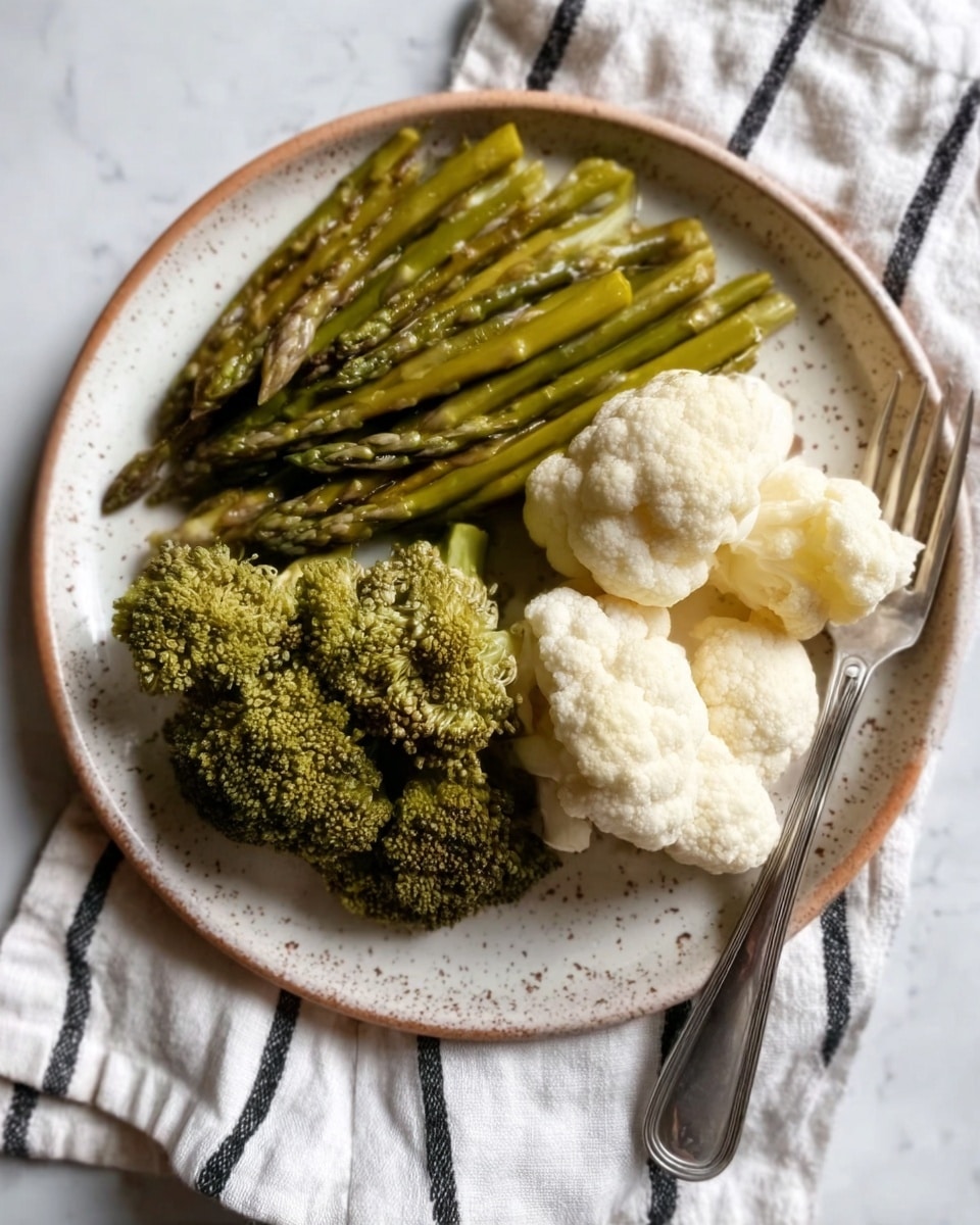 A round white plate with a speckled pattern holds three groups of vegetables arranged separately: a pile of green asparagus with a slight shine is at the top, next to it on the right are three light off-white cauliflower florets with a soft texture, and on the bottom left is a cluster of green broccoli with a dense, bumpy texture. The plate sits on a folded white cloth with black stripes, placed on a white marbled surface. On the right side of the plate, there is a silver fork with a detailed handle. The lighting is soft and natural, highlighting the colors and textures of the vegetables. photo taken with an iphone --ar 4:5 --v 7