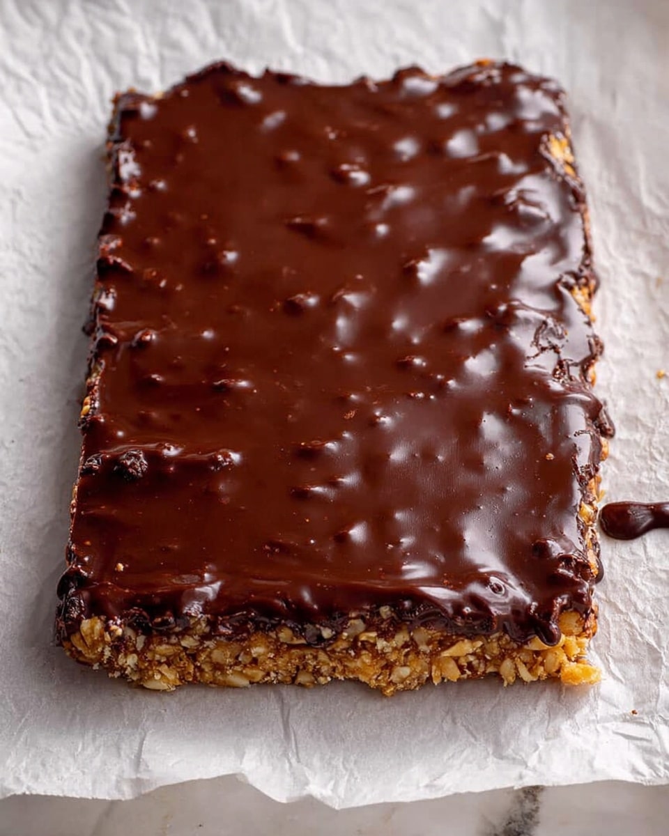 This image shows a rectangular dessert bar with two layers on white crinkled parchment paper over a white marbled surface. The bottom layer is a golden brown crunchy base with bits of nuts visible around the edges. The top layer is a thick, smooth dark chocolate coating with a shiny, slightly lumpy texture, covering the whole surface and dripping a little on one side. photo taken with an iphone --ar 4:5 --v 7