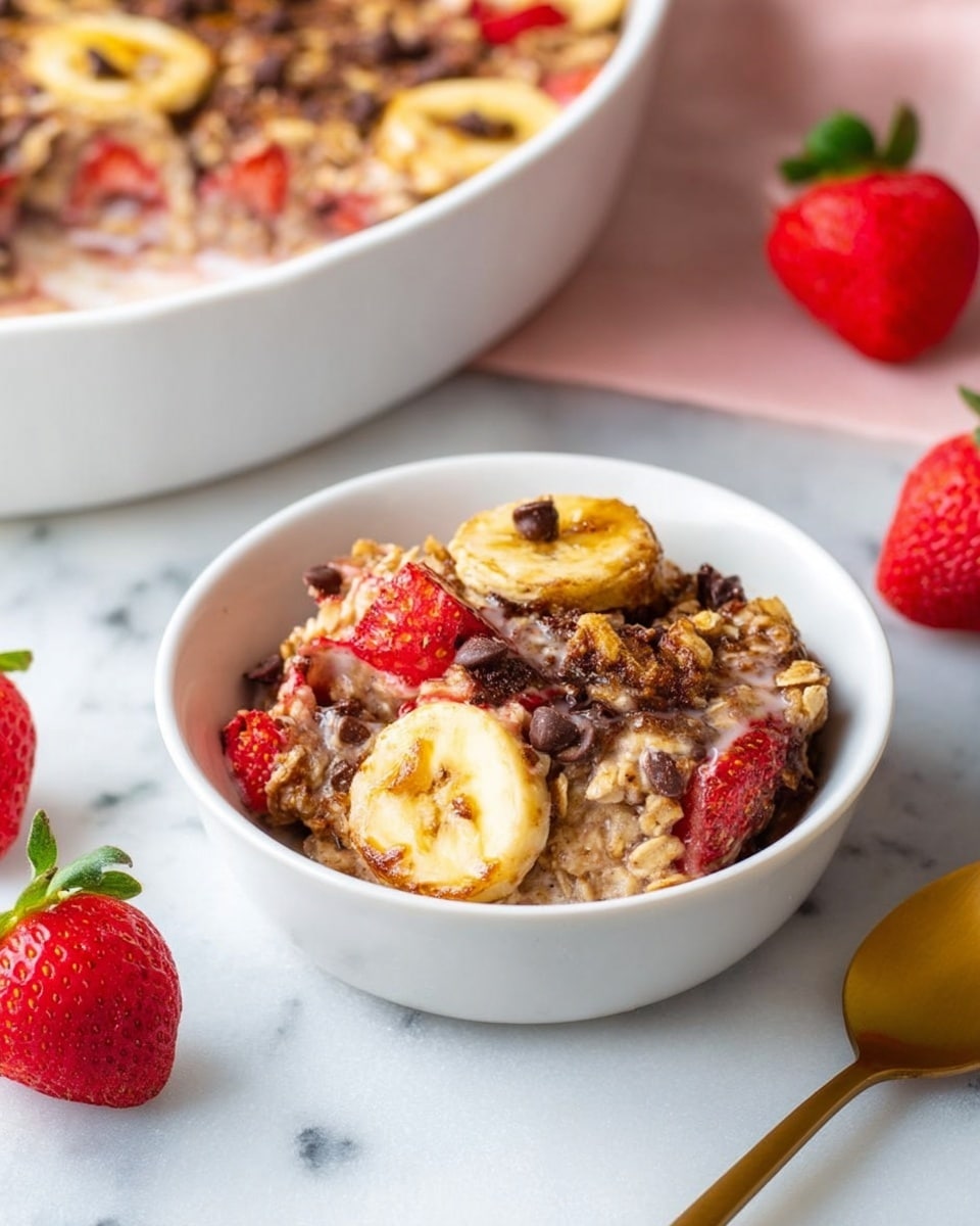A white bowl filled with a layered baked oatmeal dish showing a mix of creamy beige oats, golden brown baked banana slices on top, and bright red strawberry pieces scattered throughout. Dark chocolate chips are sprinkled on top of the oats, adding small spots of deep brown. The dish sits on a white marbled surface, surrounded by fresh whole strawberries and a gold spoon placed to the right. In the background, a white oval baking dish holds more of the baked oatmeal, showing similar layers and textures with strawberries and chocolate chips visible on top. The photo taken with an iphone --ar 4:5 --v 7