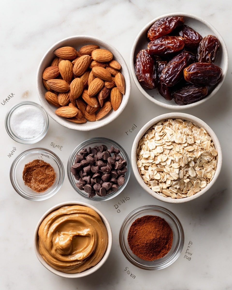 A top view of seven small white bowls arranged on a white marbled surface, each filled with different ingredients: the top bowl holds dark reddish chopped dates with a glossy texture; the middle left bowl contains smooth brown whole almonds; the middle right bowl is filled with pale beige rolled oats showing a rough, flaky texture; below them, a small clear bowl of dark brown chocolate chips sits next to a white bowl with creamy smooth light brown peanut butter; a small empty clear bowl with salt is on the far left; and a small clear bowl with a reddish brown cinnamon powder is on the bottom right. Each bowl has a label with simple black text naming its contents. photo taken with an iphone --ar 4:5 --v 7