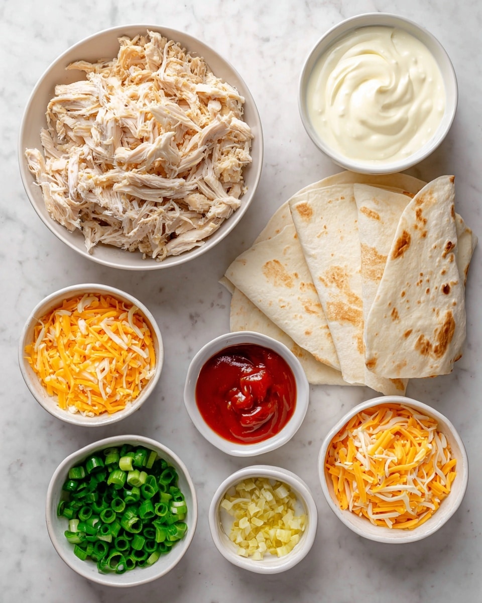 The image shows eight white bowls arranged on a white marbled surface. At the top left, a large bowl holds shredded cooked chicken in light beige color with some darker parts. To its right, two smaller bowls contain creamy light yogurt and light mayonnaise, both smooth and white in texture. Next, a tiny bowl with minced pale yellow garlic and one with bright red-orange hot sauce sit above two folded large tortilla wraps in soft cream color with light brown spots. Below the chicken bowl, a small bowl of shredded red cheddar cheese displays long thin strands in bright orange-red. Next to it, a small bowl has chopped green onions in vivid dark green round pieces. To the right of the green onions, another small bowl holds shredded regular cheddar cheese in a pale yellow shade. Everything is neatly arranged, showing clear texture and colors. Photo taken with an iphone --ar 4:5 --v 7