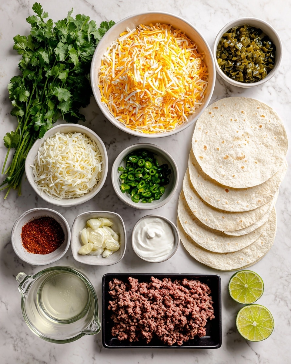 The image shows various ingredients neatly arranged on a white marbled surface. There is a large white bowl filled with shredded orange and white cheese on the left center. Next to it on the right side, there are several white corn tortillas stacked in a small pile. Above the tortillas, a small bowl holds chopped green chiles, and beside that, another tiny bowl contains minced garlic. Below the tortillas, there is a black tray with fresh ground beef. Around the beef, there are small white bowls holding salt, pepper, chipotle peppers, sour cream, and a small glass measuring cup with water and oil. To the far left, fresh cilantro leaves spread out in the corner. Two halves of fresh limes are placed next to the tortillas. The overall layout is clean and organized, with each ingredient clearly visible, photo taken with an iphone --ar 4:5 --v 7