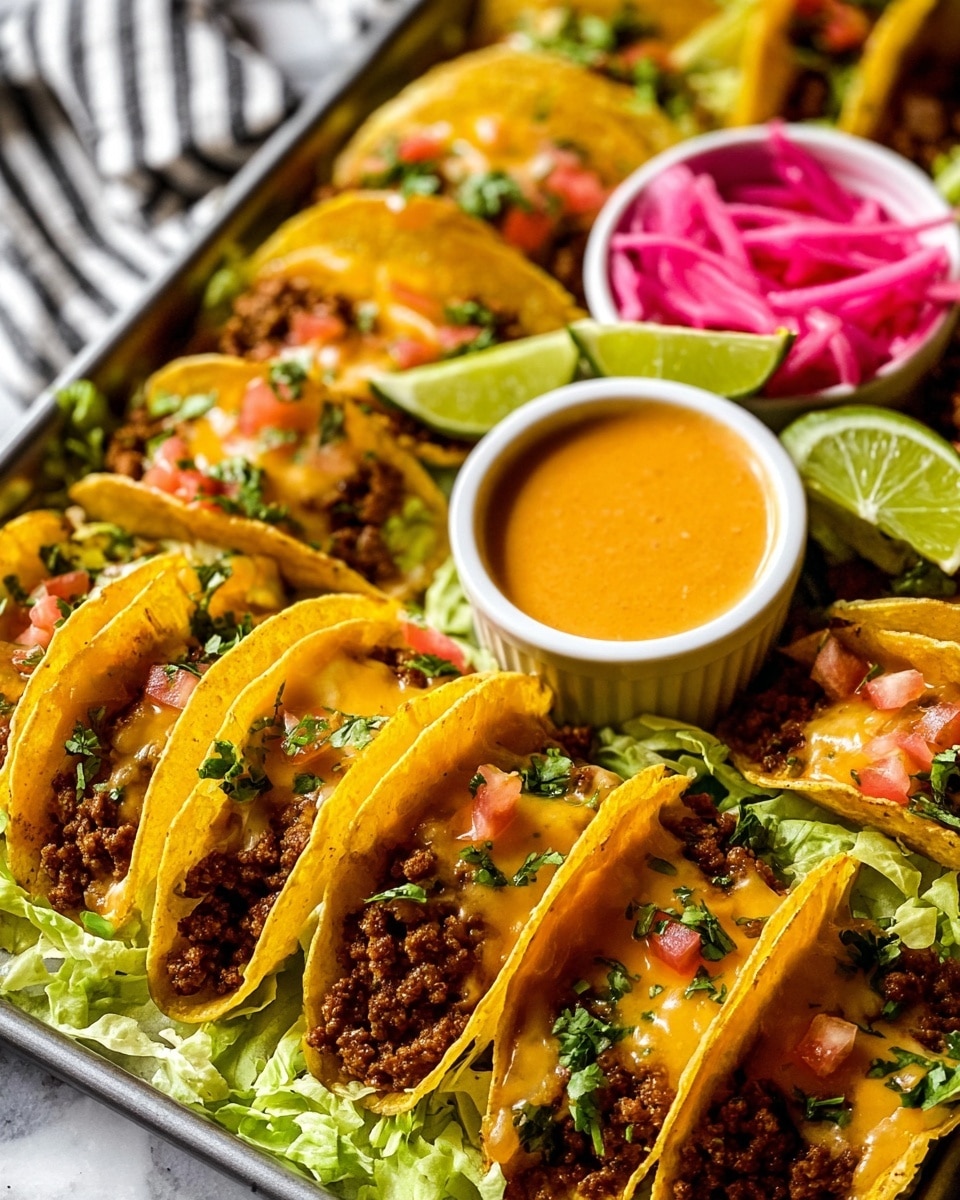 The image shows a close-up of a tray with around eight small tacos arranged in two rows, each taco made with golden yellow corn tortillas folded over a filling of brown cooked ground meat mixed with melted light yellow cheese, topped with small bits of red tomato and green cilantro. The tacos rest on a bed of shredded pale green lettuce. In the upper right corner of the tray is a white ramekin filled with smooth, creamy orange sauce, next to a wedge of bright green lime. Above the tacos, thin strips of pink pickled onions add a splash of color. The tray sits on a white marbled surface with a striped cloth partially visible at the side. photo taken with an iphone --ar 4:5 --v 7