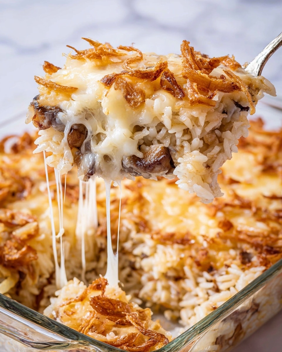 A close-up view of a square clear glass dish filled with a casserole that has multiple layers. The bottom layer is a bed of light brown cooked rice mixed with small dark brown pieces, possibly meat. Above this near the top, a layer of slightly browned melted white cheese stretches in strings as a spoon lifts a portion, showing its gooey texture. The top is scattered with light golden crispy fried onions and pieces of cooked onions, adding a crunchy texture. The background has a white marbled texture. photo taken with an iphone --ar 4:5 --v 7