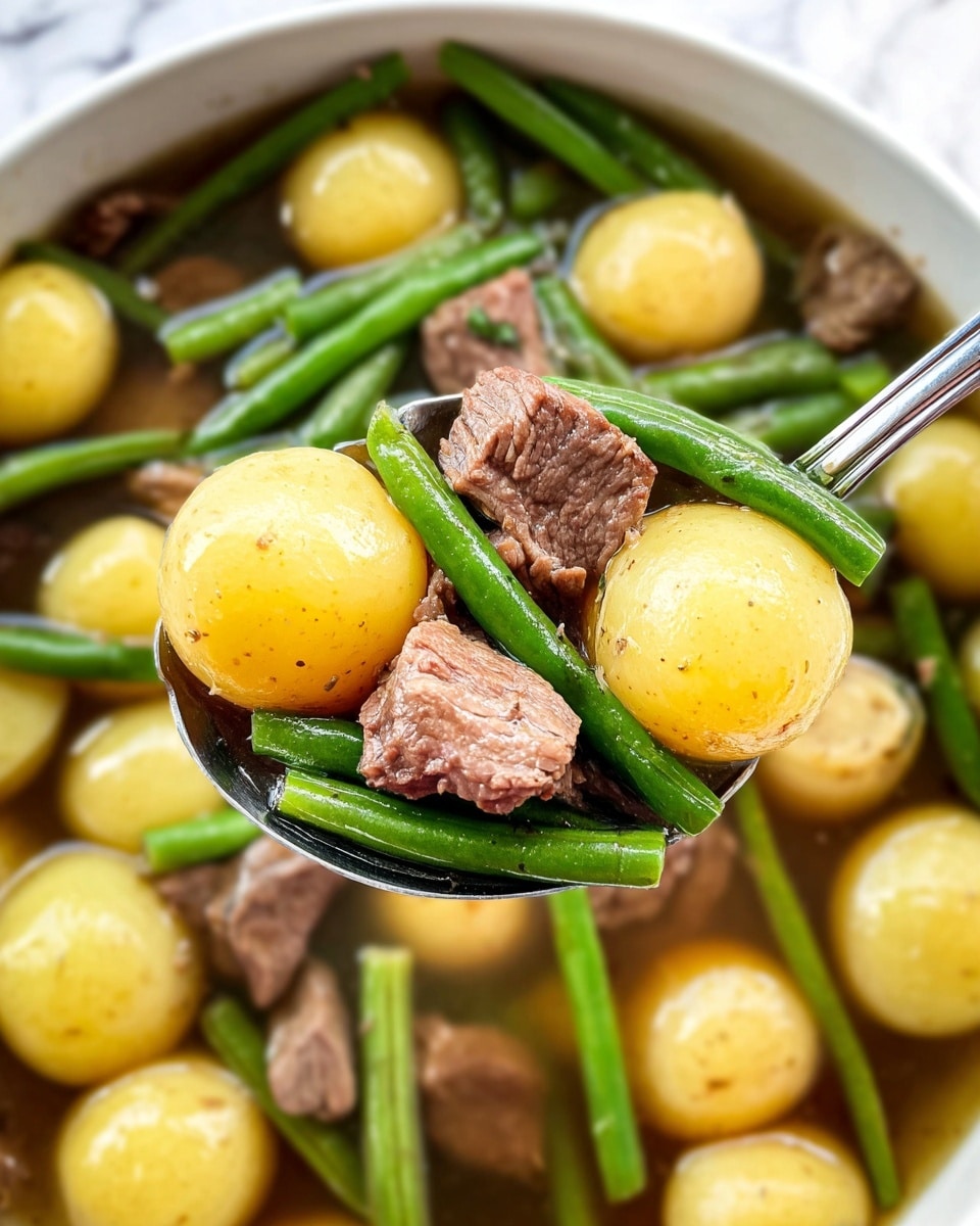 The image shows a close-up of a dish with three main layers: small round golden yellow potatoes with a smooth texture, bright green slender green beans cut into short pieces, and medium-sized chunks of cooked brown beef with a slightly shiny, soft texture. These ingredients sit together in a light brown broth, held on a silver spoon above the dish. The background is filled with more potatoes, green beans, and beef pieces, all sitting in the same clear broth. The whole scene is set against a white marbled surface. Photo taken with an iphone --ar 4:5 --v 7